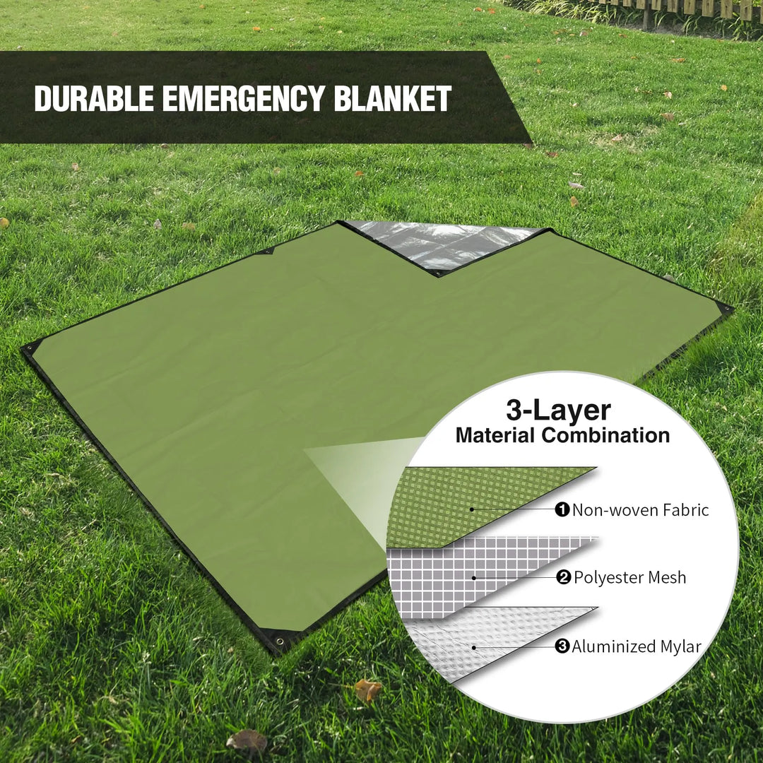 Heavy Duty Survival Blanket, Waterproof Emergency Thermal Tarp, Multipurpose Reflective Insulated All Weather Blankets for Camping Hiking, Green,11.8 x 8.5 ft