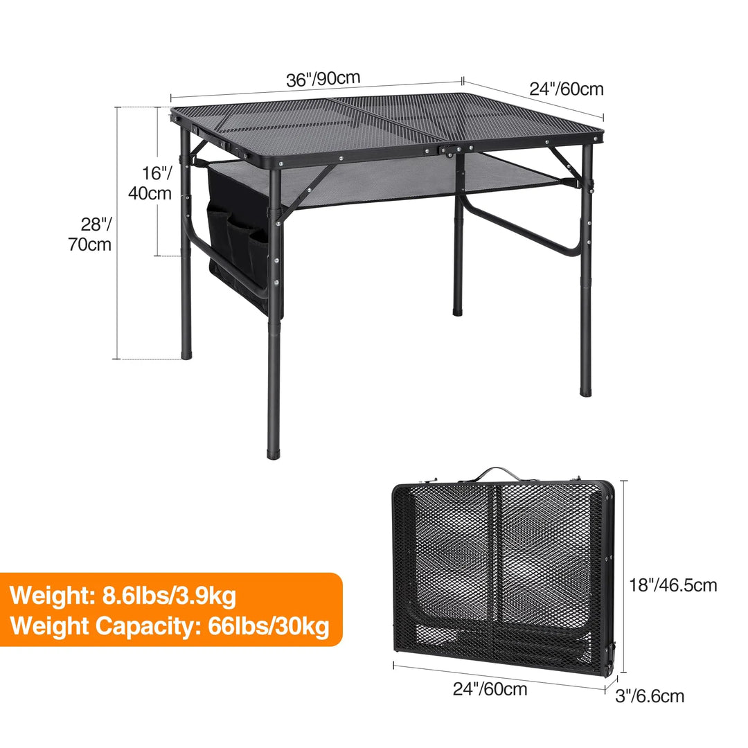Table de barbecue pliante pour l'extérieur avec pieds réglables en hauteur 