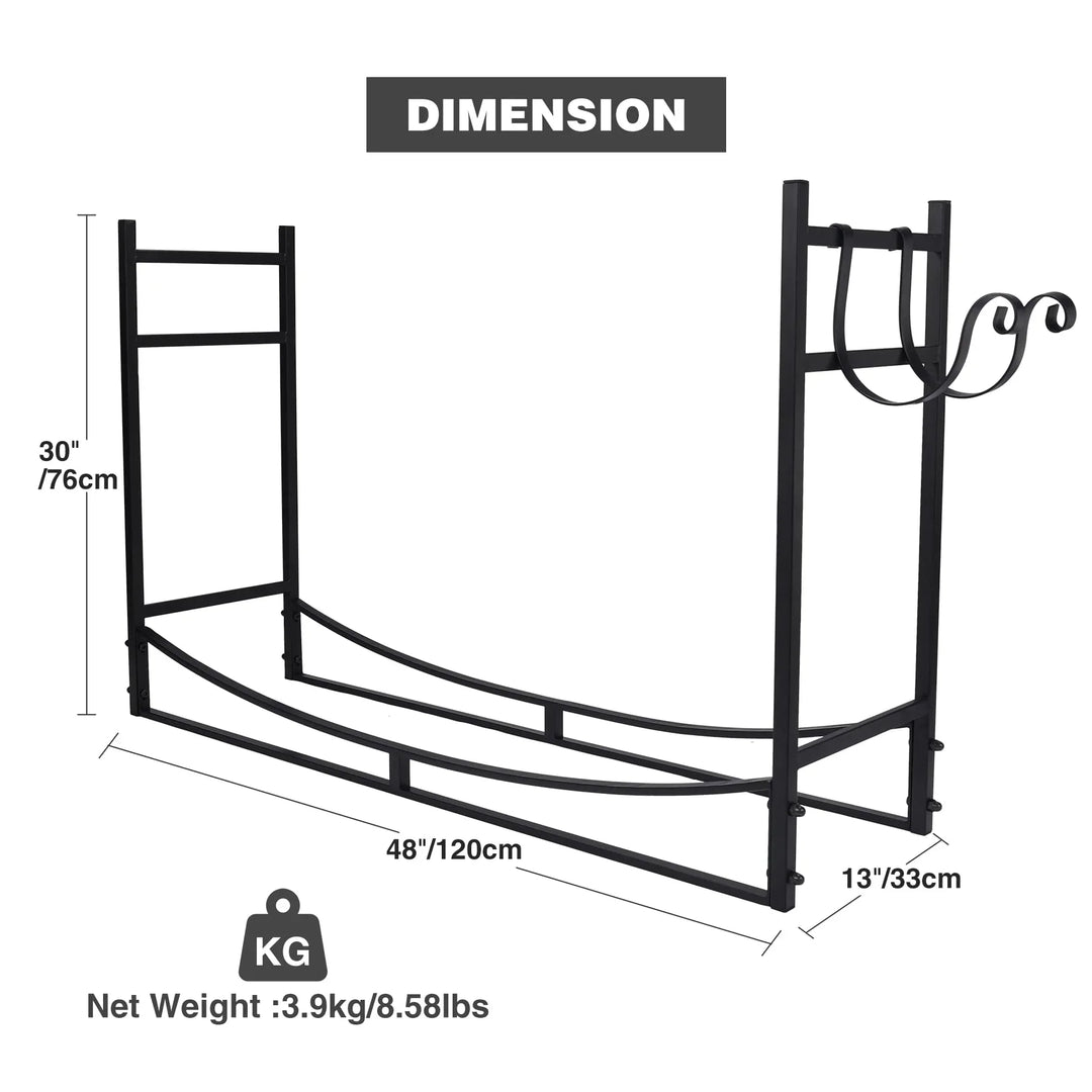 4FT Heavy Duty Firewood Rack Outdoor Indoor, Steel Log Holder Wood Storage Stand with Kindling Hooks for Fireplace Fire Pit Porch Backyard Black
