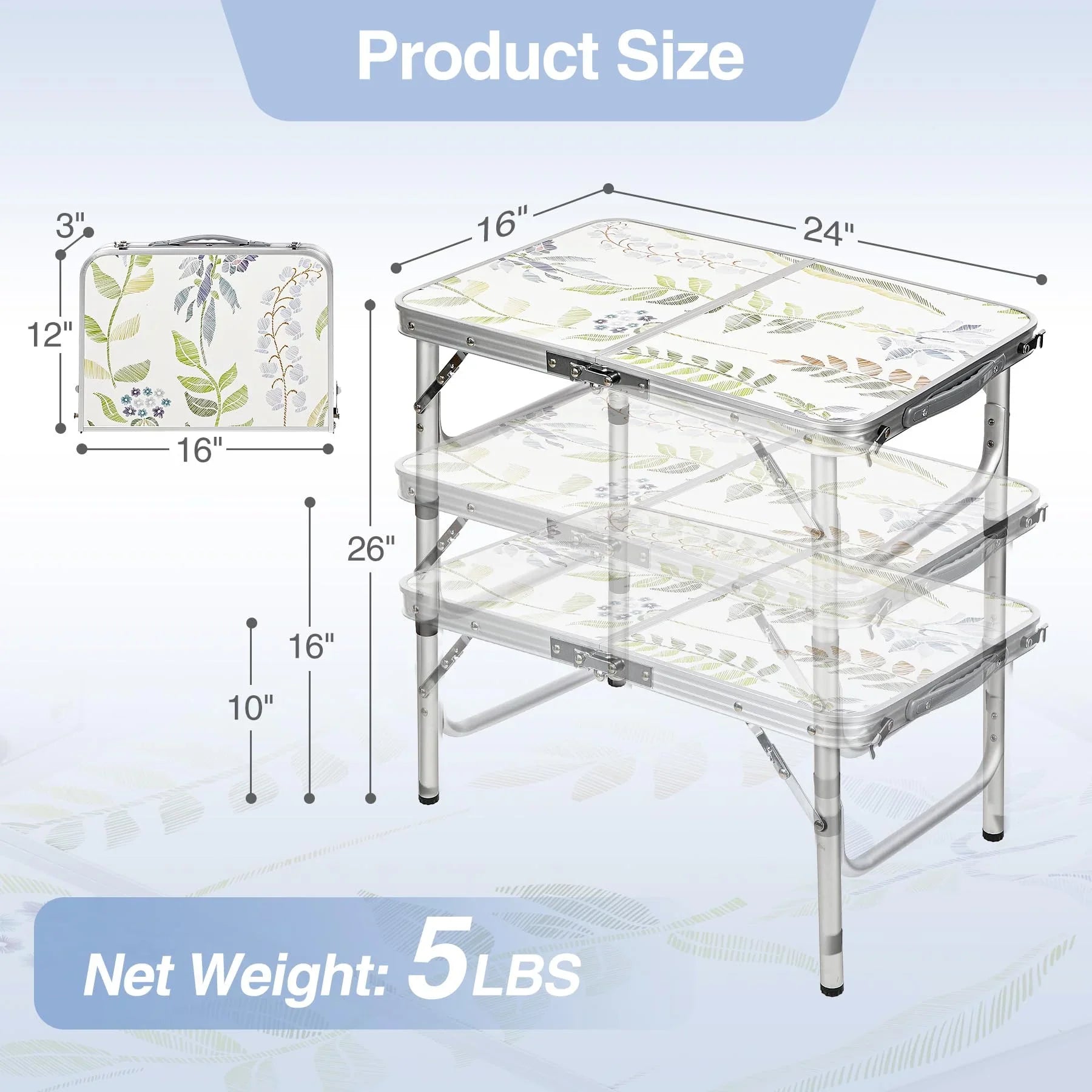 2ft Portable Camping Table，3 Adjustable Height