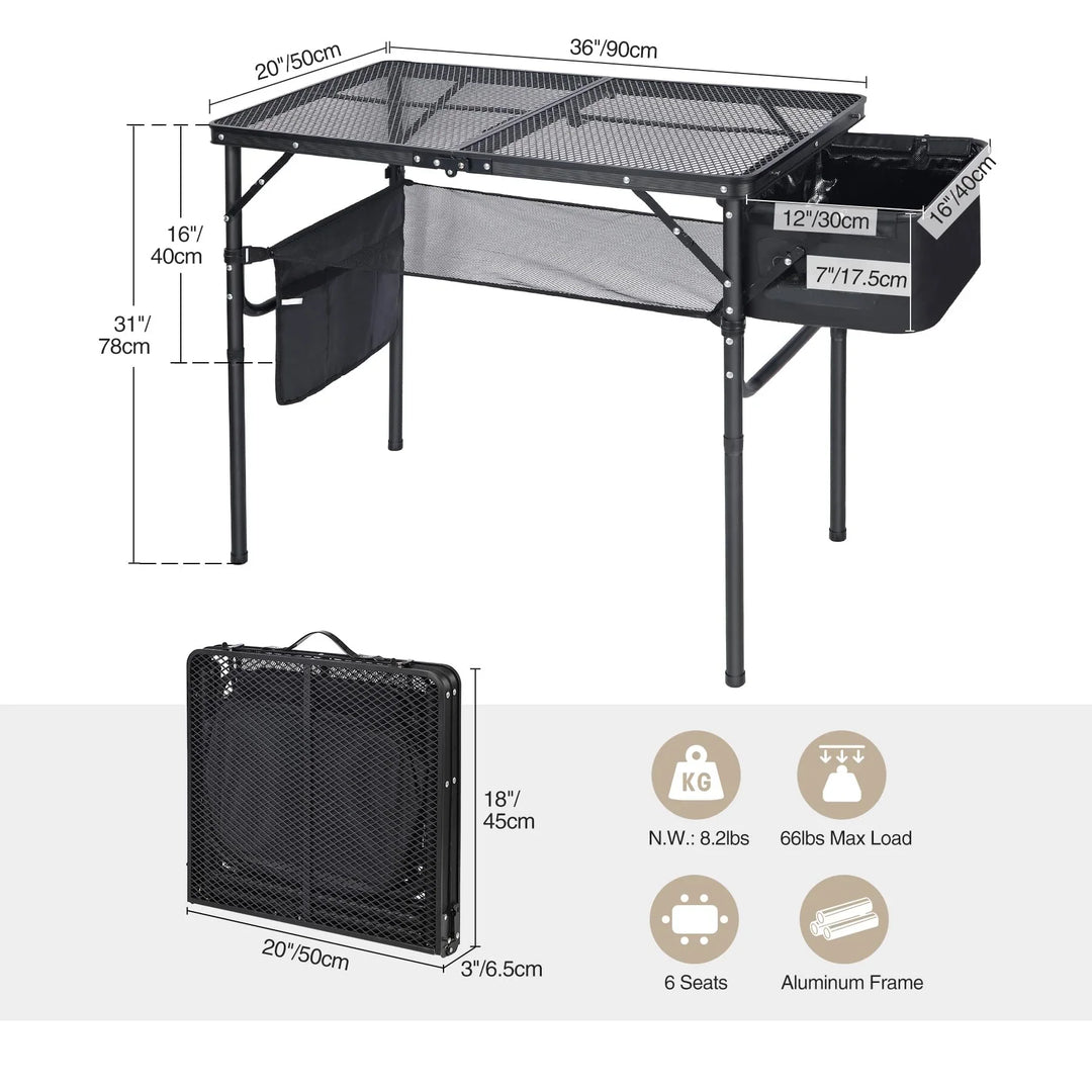 Table de barbecue pliante pour l'extérieur avec pieds réglables en hauteur 