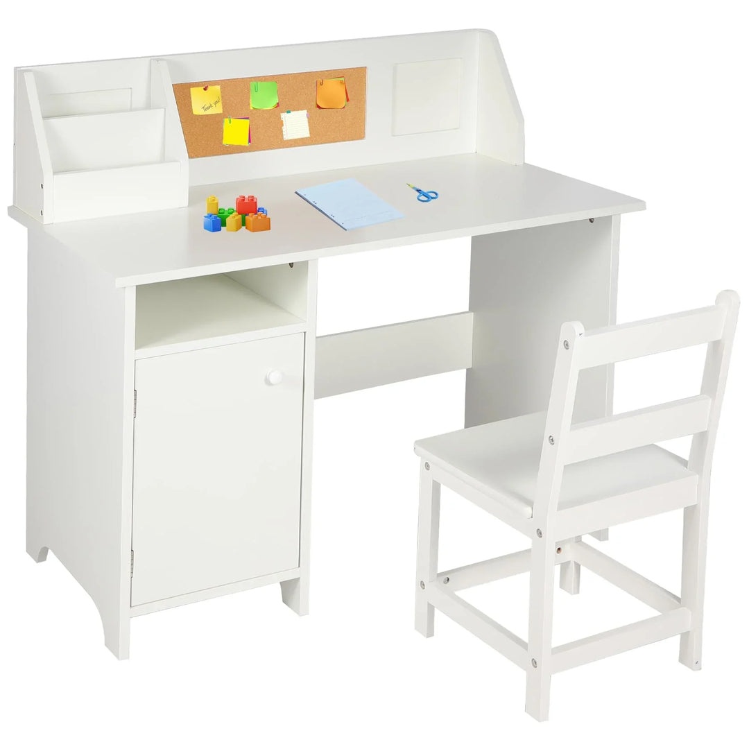 Kids Study Desk and Chair Set with Hutch, Wooden Writing Table, Ergonomic Homework Station with Storage Cabinet & Bulletin Board for Bedroom, School, White