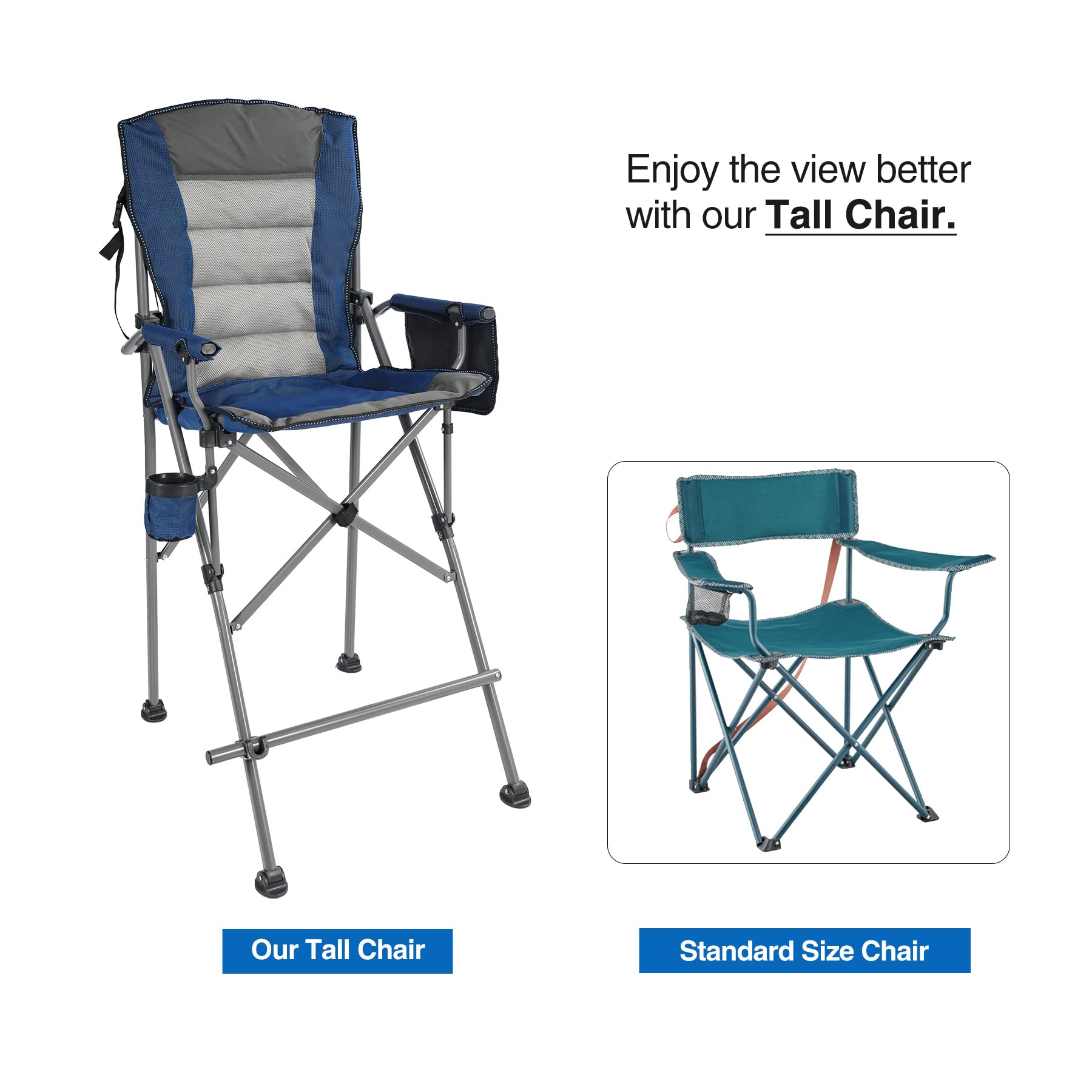 REDCAMP Padded 31" Bar Height Tall Folding Camping Chairs for Adults, Heavy Duty 330 lbs Directors Chair Foldable with Foot Rest and Cup Holder, Blue