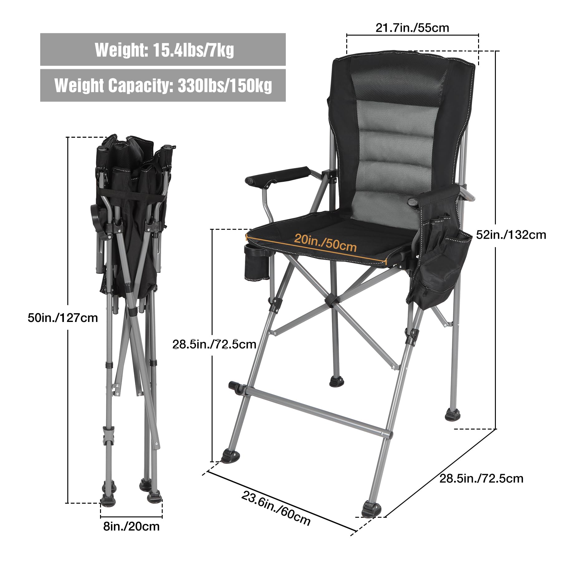 Extra Tall Folding Chair, Bar Height Foldable Director Chairs for Adults with High Back and Hard Arms, Support 330lbs