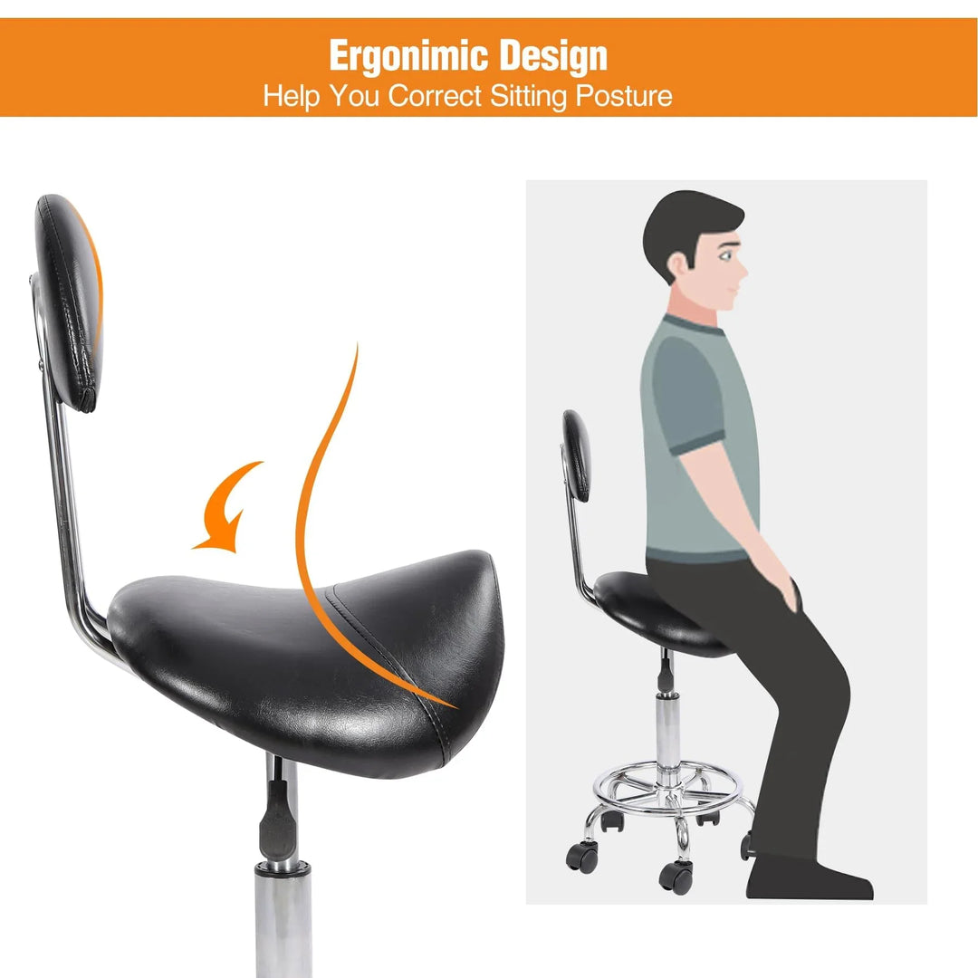 Saddle Chair with Back Support, 360° Swivel Adjustable Height Ergonomic Saddle Stool with Wheels for Tattoo Artist Dentist Home Office Use, Black