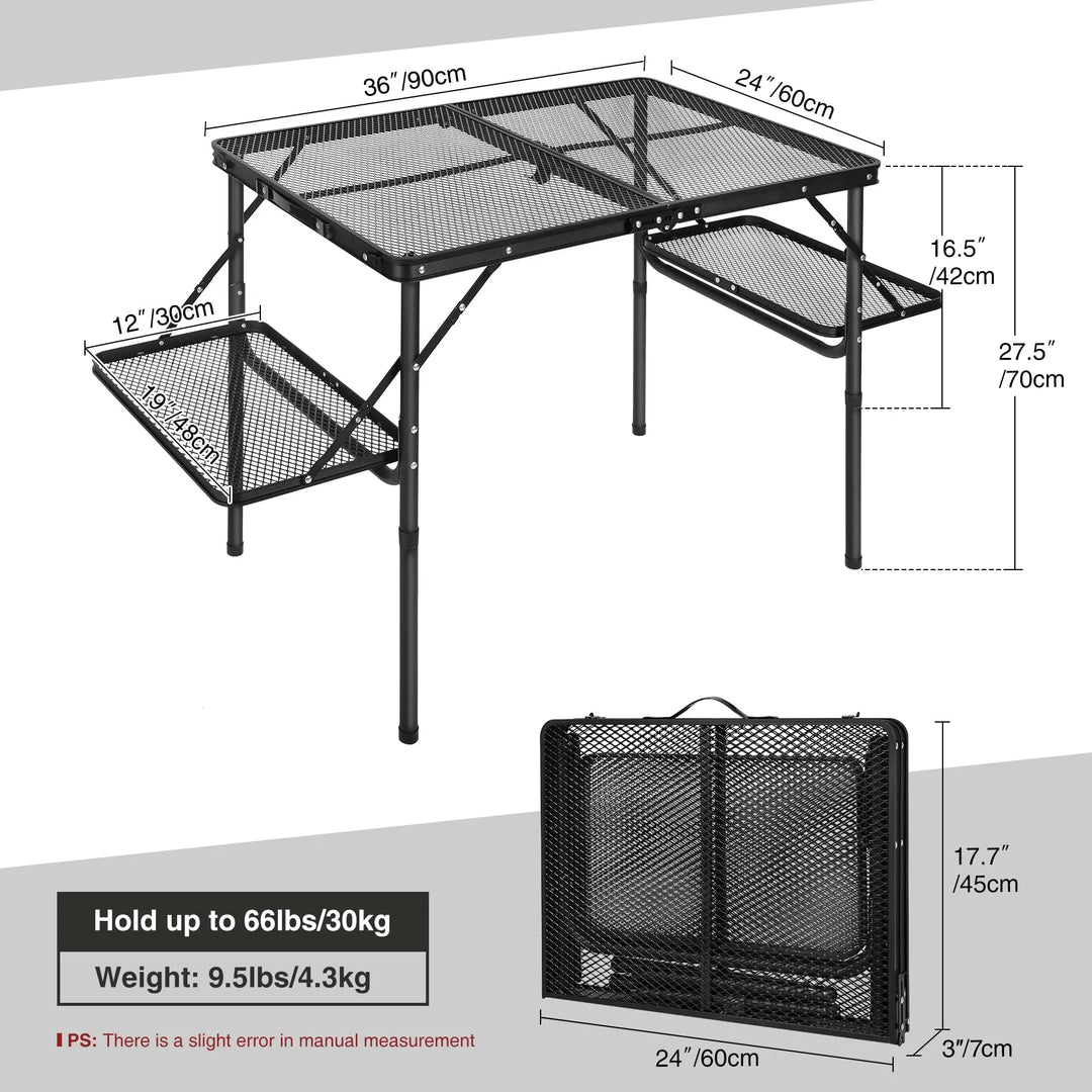Table de barbecue pliante pour l'extérieur avec pieds réglables en hauteur 