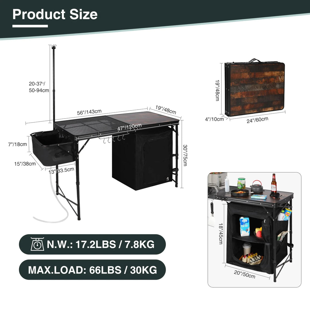 Table de cuisine de camping portable avec organiseur de rangement pour l'extérieur