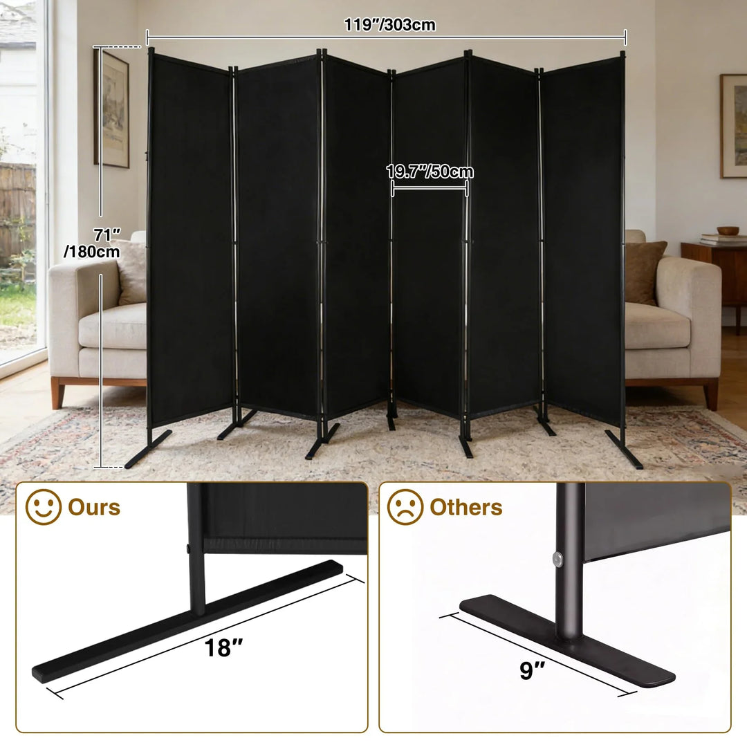 Large 6 Panel Freestanding Folding Room Divider with Support Base, 10FT Wide 6FT Tall Privacy Screen Partition Room Dividers with Freely Combined Connector, 119"x71", Black