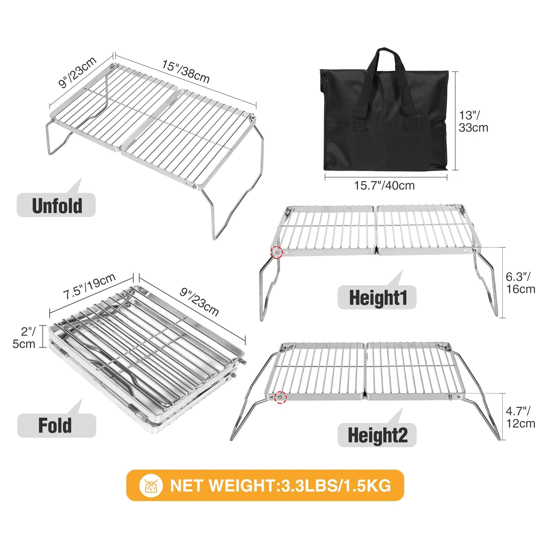 Barbecue de camp pliable et portable en acier inoxydable 304 avec sac de transport