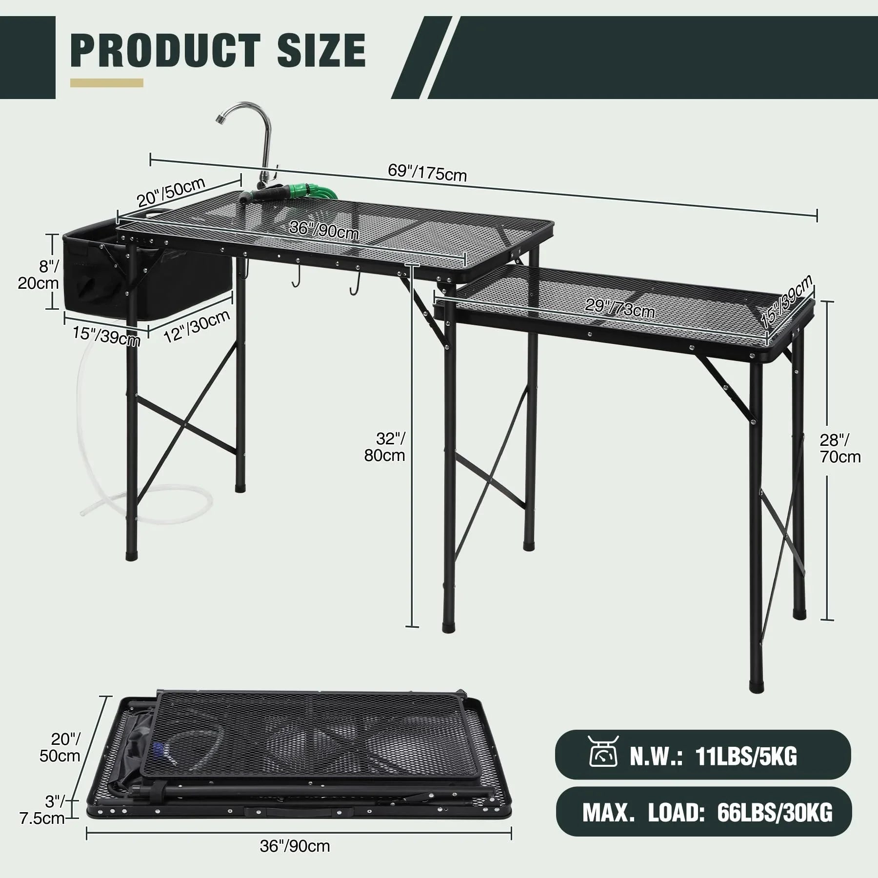 Table de cuisine de camping portable avec organiseur de rangement pour l'extérieur