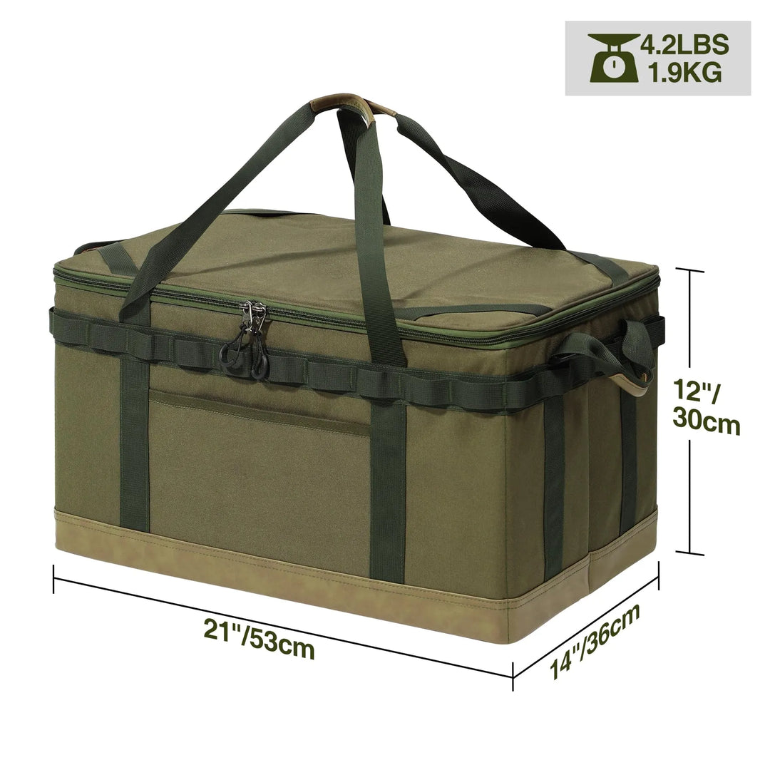 Tactical Camping Storage Bag, 57L Tactical Utility Camping Tote Organizer,Waterproof Camping Storage Organizer Duffel Bag with 2 Adjustable Dividers&Shoulder Strap for Outdoor Transport,Green