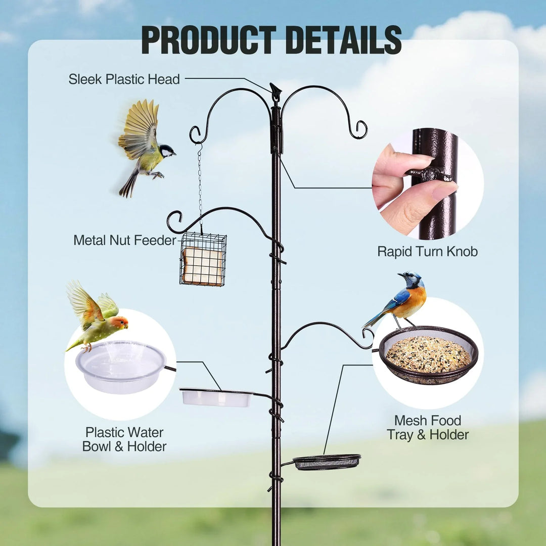 69" L Bird Feeding Station with 4 Feeder Hanging Poles, Wild Bird Feeder Stand Pole for Outside, Multi Feeder Pole Stand Kit for Attracting Wild Birds