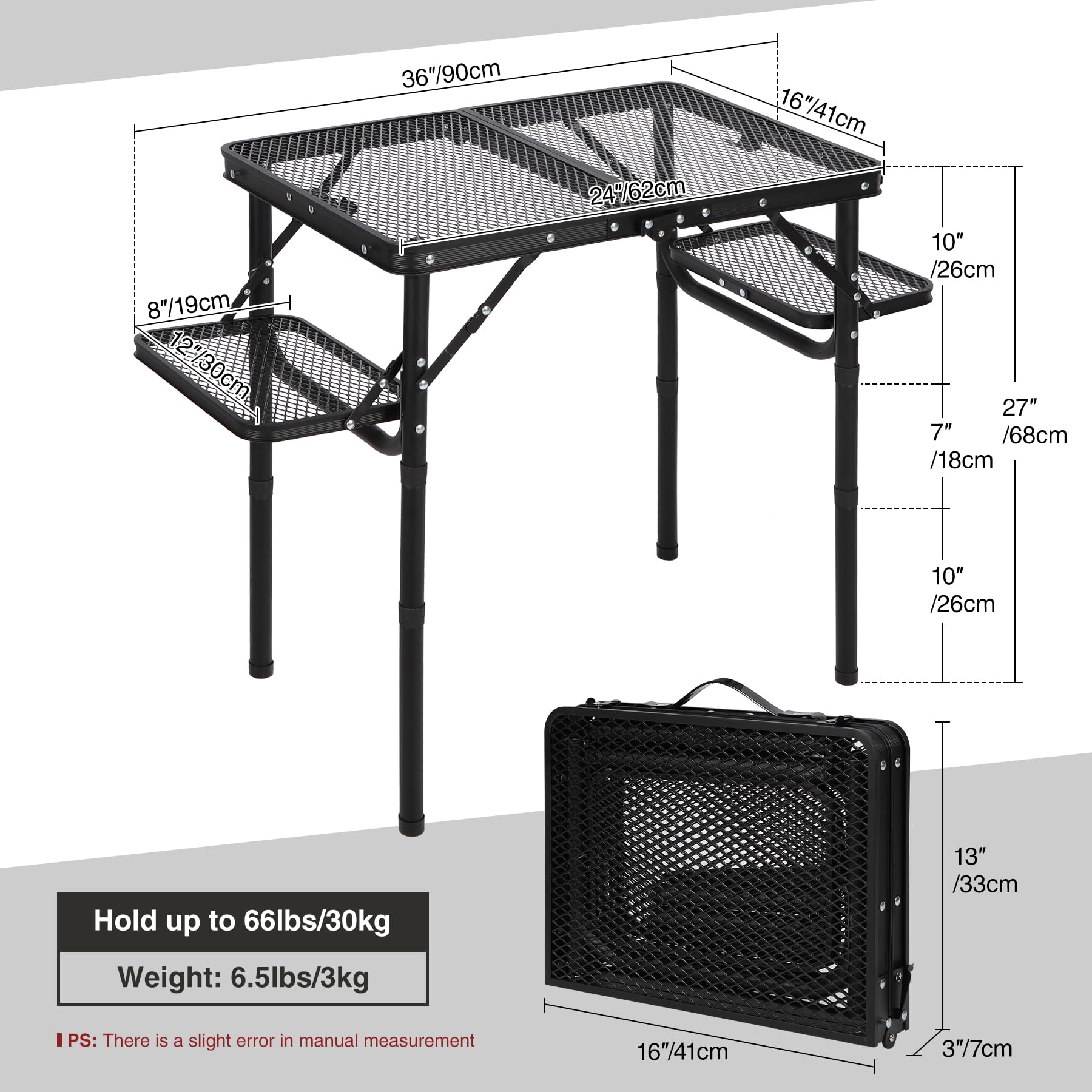 Folding Grill Table with Extra Space, Adjustable Height Portable Small Stand Table for Outdoor Indoor Camping Picnic BBQ, Black with Side Table