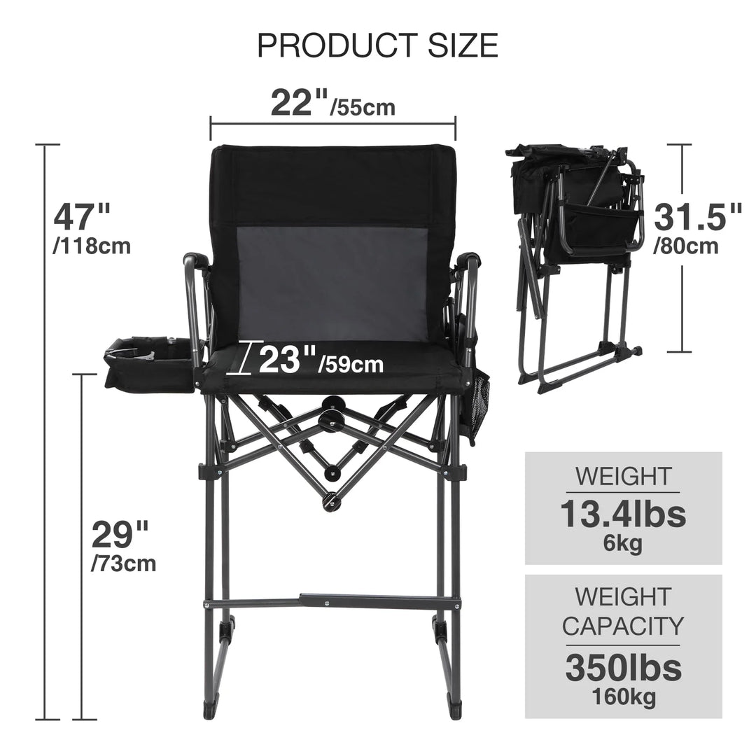 Chaise pliante extra haute, chaises de réalisateur pliables à hauteur de bar pour adultes avec dossier haut et accoudoirs rigides, supportant 330 lb