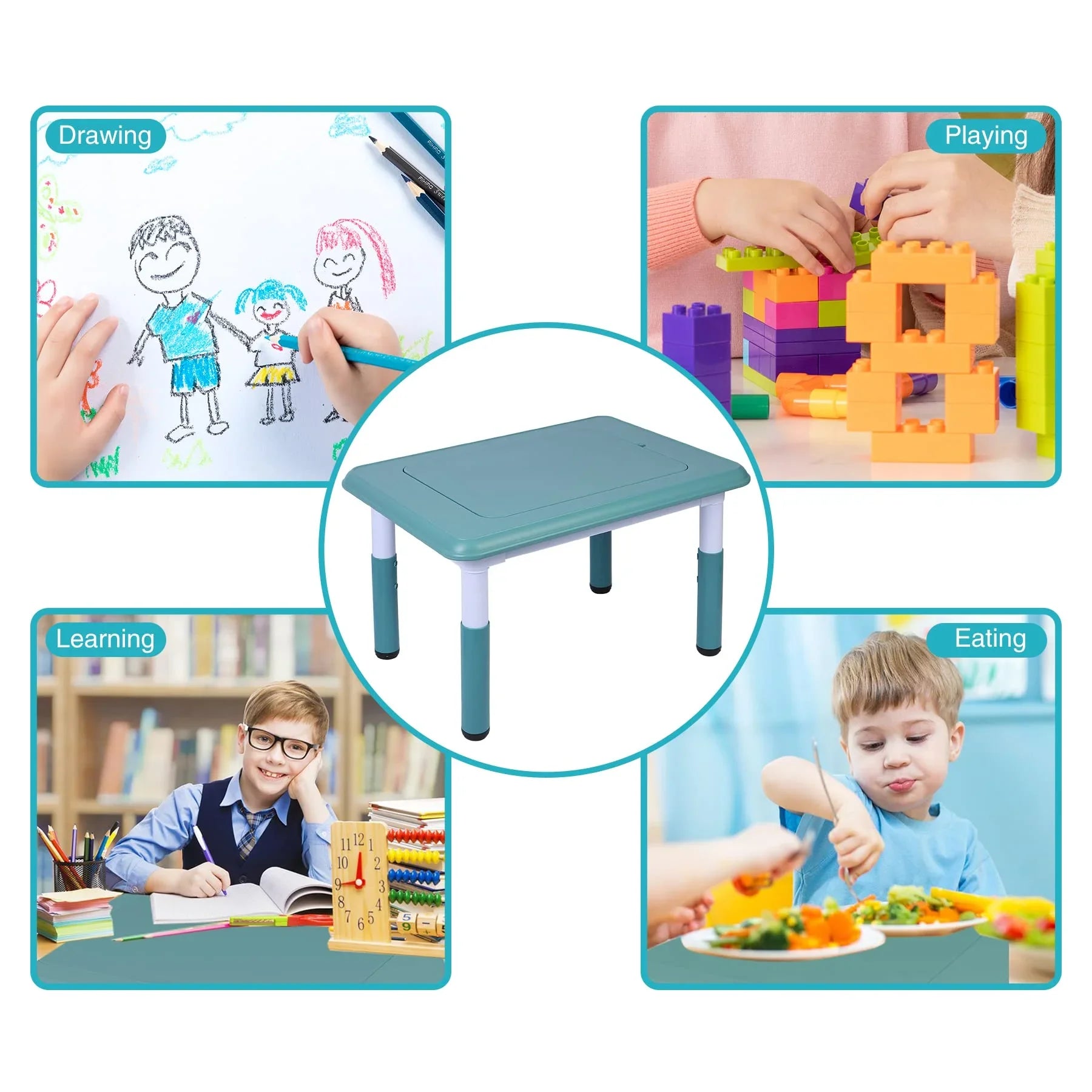 Kids Table and 2 Chairs Set, Height Adjustable 3 in 1 Multi Activity Table with 2 Chairs, Storage Bins,Graffiti,Double-Sided Tabletop,Sky Blue