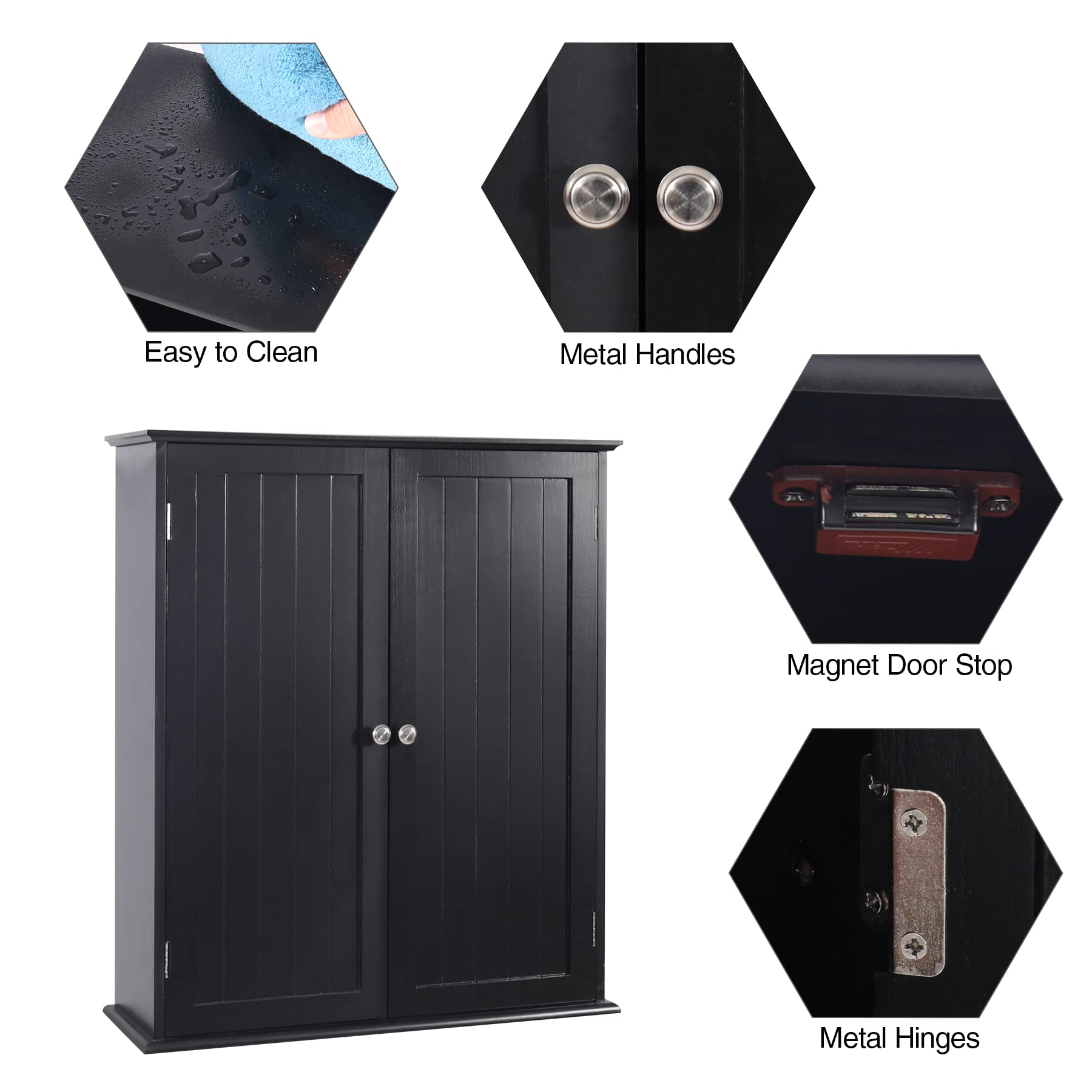 Black bathroom wall cabinet with metal knobs, hinges, and magnetic door catch details