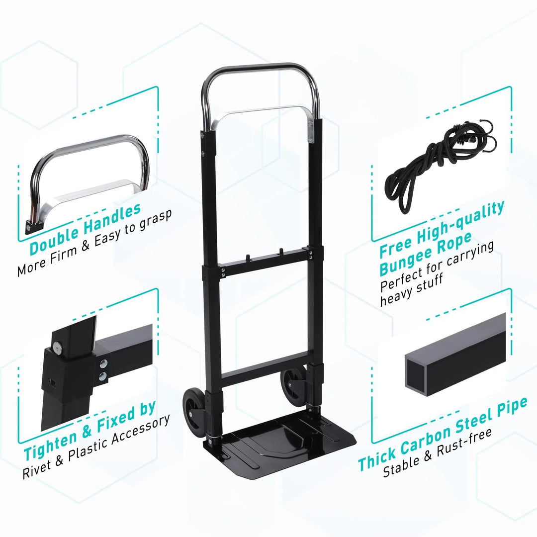 Folding Aluminum Hand Truck, 180 lbs Load Capacity, Aluminum Alloy Plate Luggage Cart Foldable Height Adjustable Hand Cart with 2 Wheels, Ultra Lightweight Super Strong for Moving Warehouse