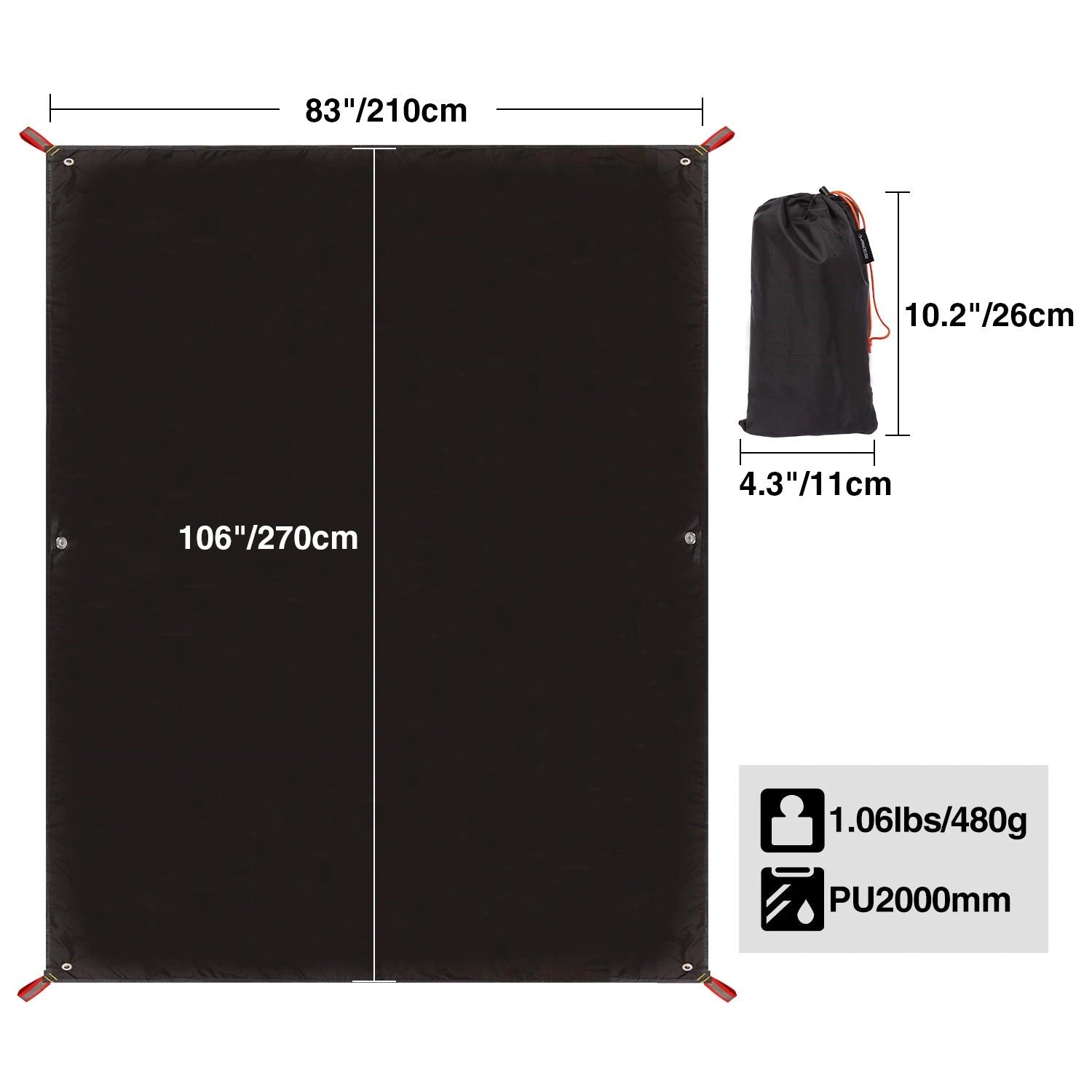 Ultralight Tent Footprint for 1-2 Person Tent, Multifunctional Waterproof Camping Tarp for Outdoor Hiking, Lightweight and Compact, 87"x55"
