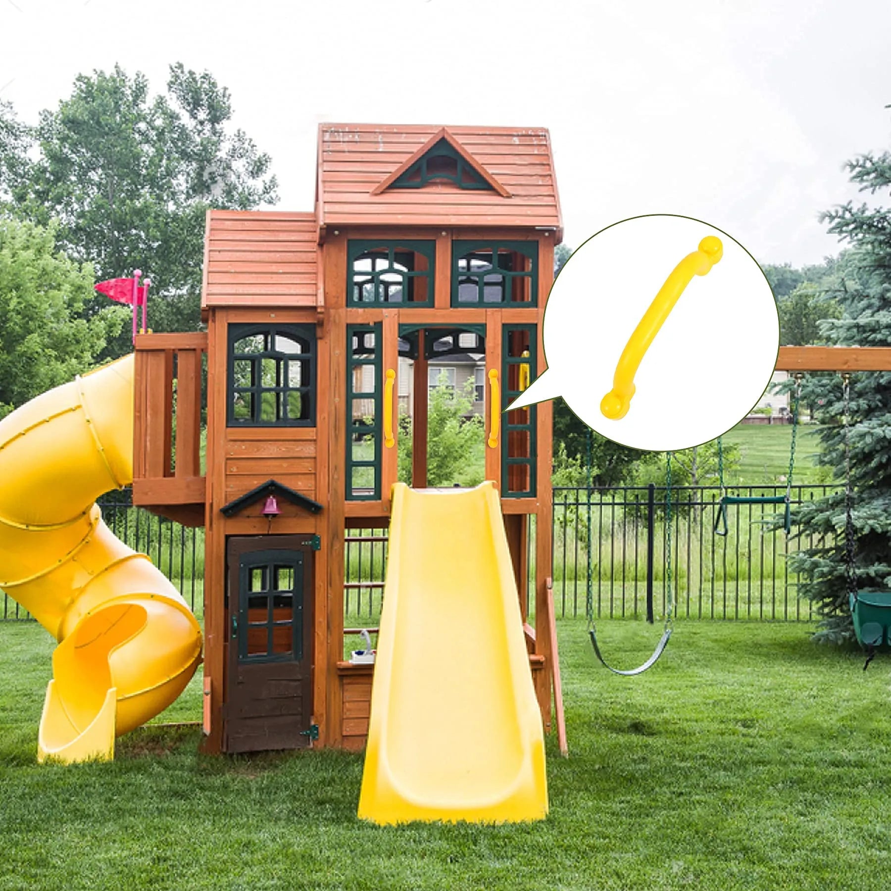 Playground Accessories for Kids, Outdoor Swingset Attachments with Pirate Ship Wheel, Toy Telescope, Telephone and Safety Handles (Yellow and Green)