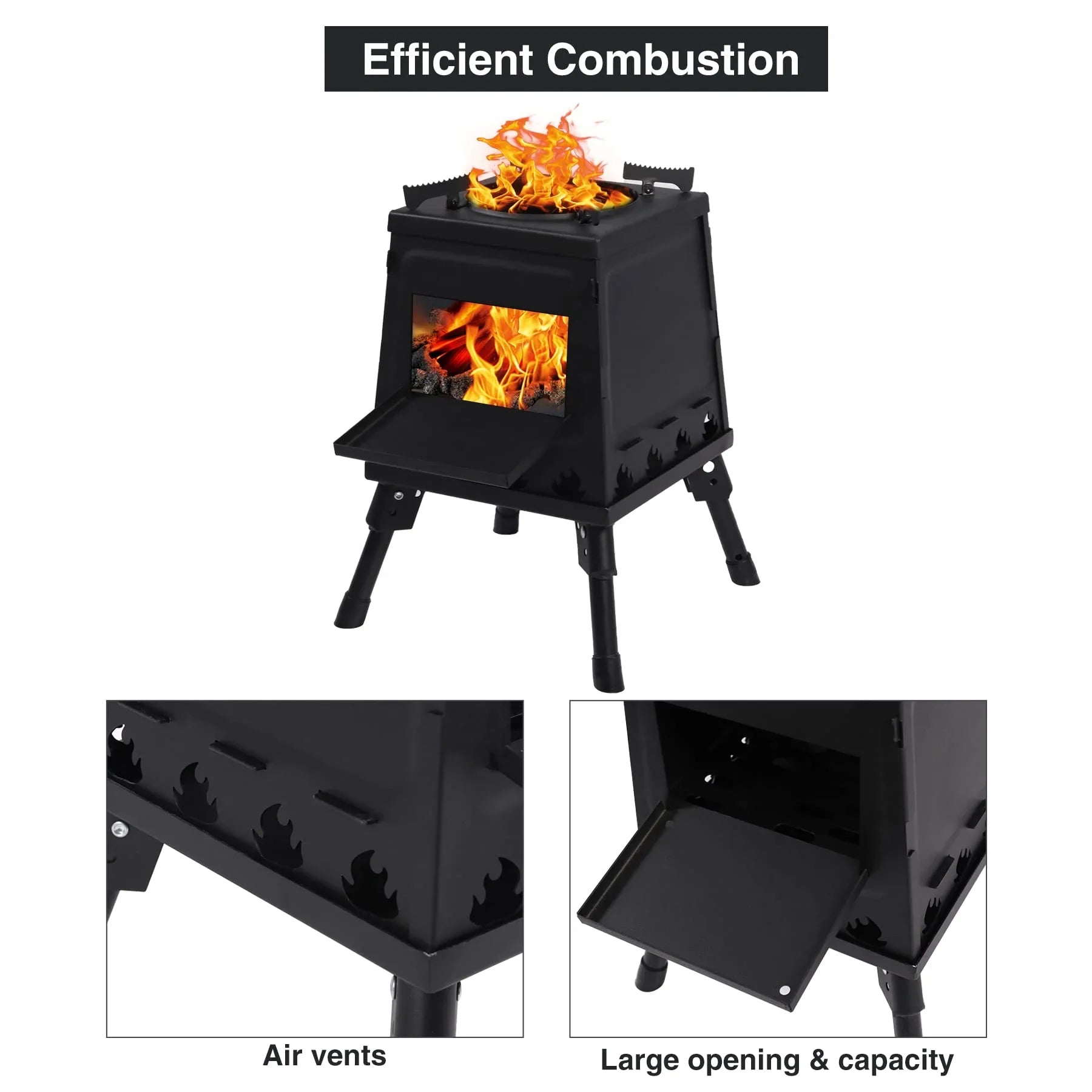 Black wood stove with flames inside, featuring air vents and large opening on a white background.