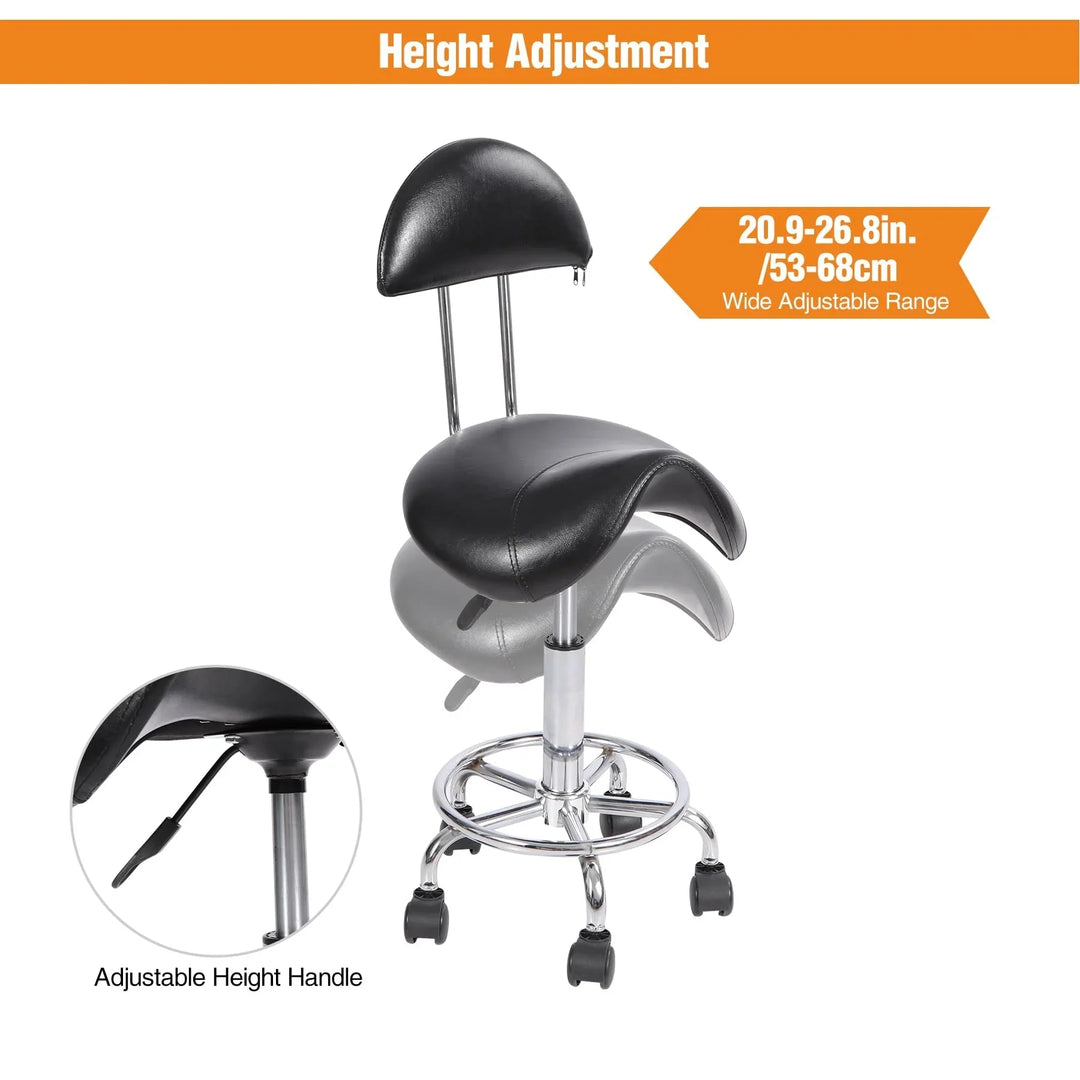 Saddle Chair with Back Support, 360° Swivel Adjustable Height Ergonomic Saddle Stool with Wheels for Tattoo Artist Dentist Home Office Use, Black