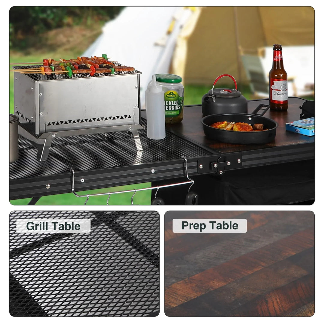 Table de cuisine de camping portable avec organiseur de rangement pour l'extérieur