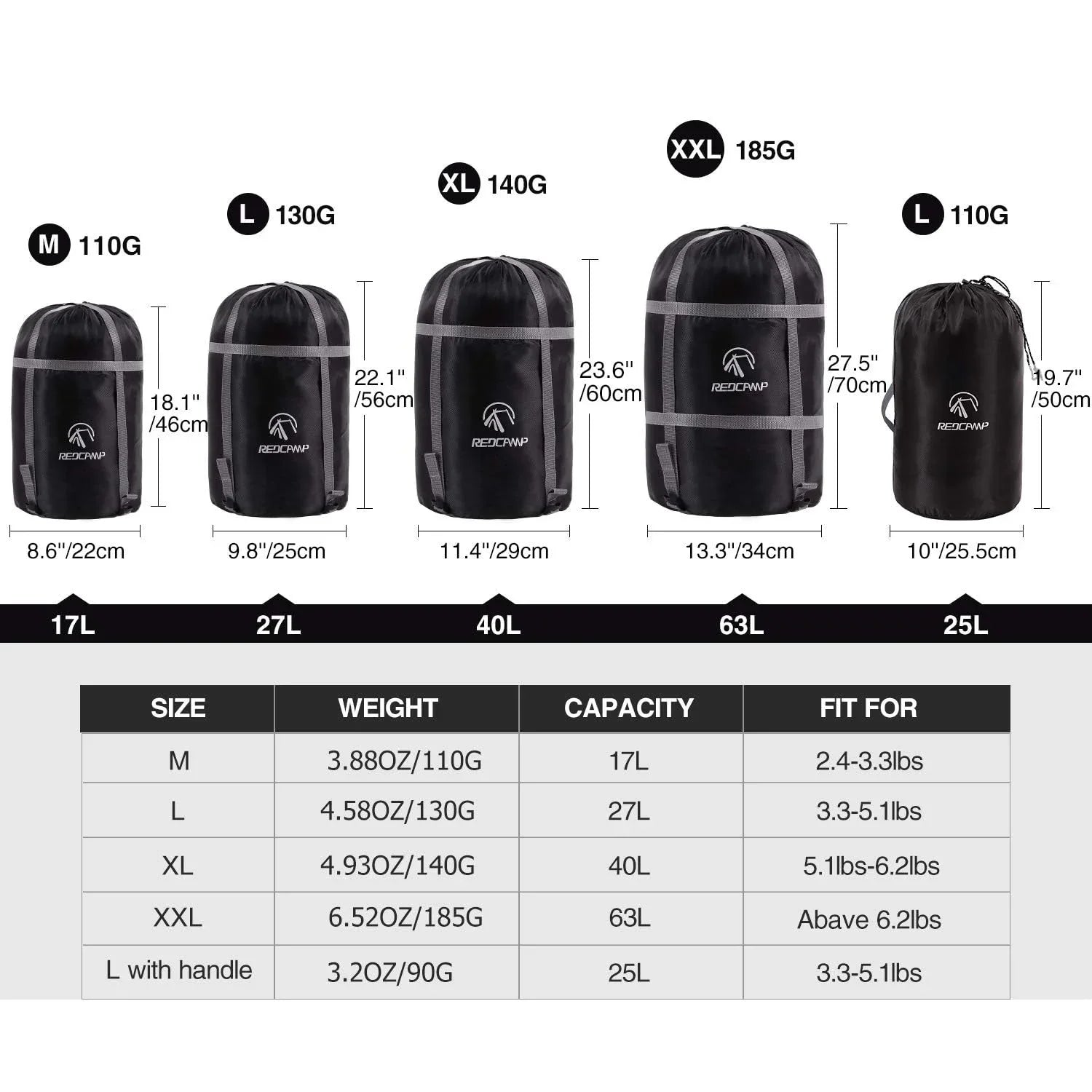 Sleeping Bag Stuff Sack, Black M, L, XL and XXL Compression Sack, Great for Backpacking and Camping
