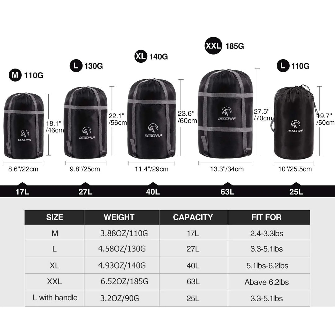 Sleeping Bag Stuff Sack, Black M, L, XL and XXL Compression Sack, Great for Backpacking and Camping