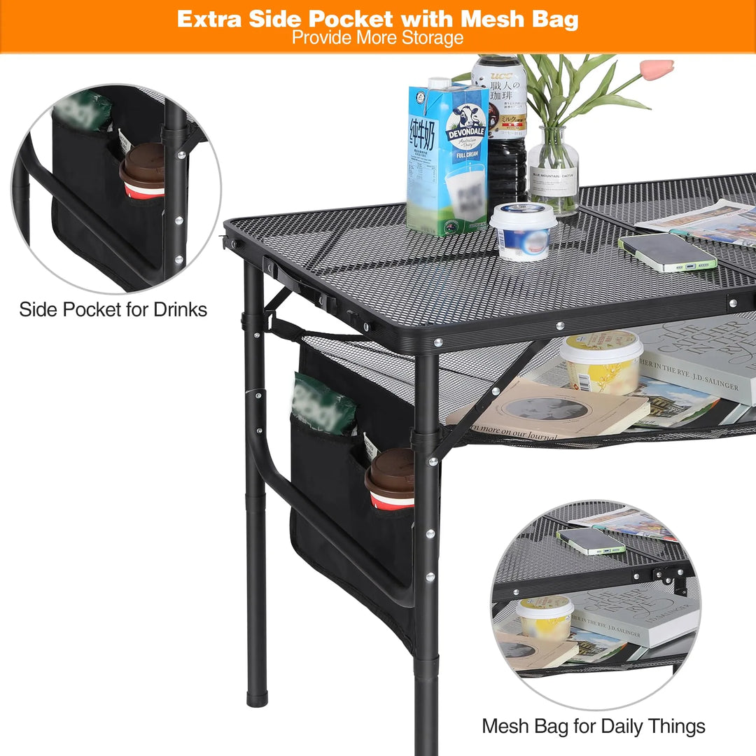 Table de barbecue pliante pour l'extérieur avec pieds réglables en hauteur 
