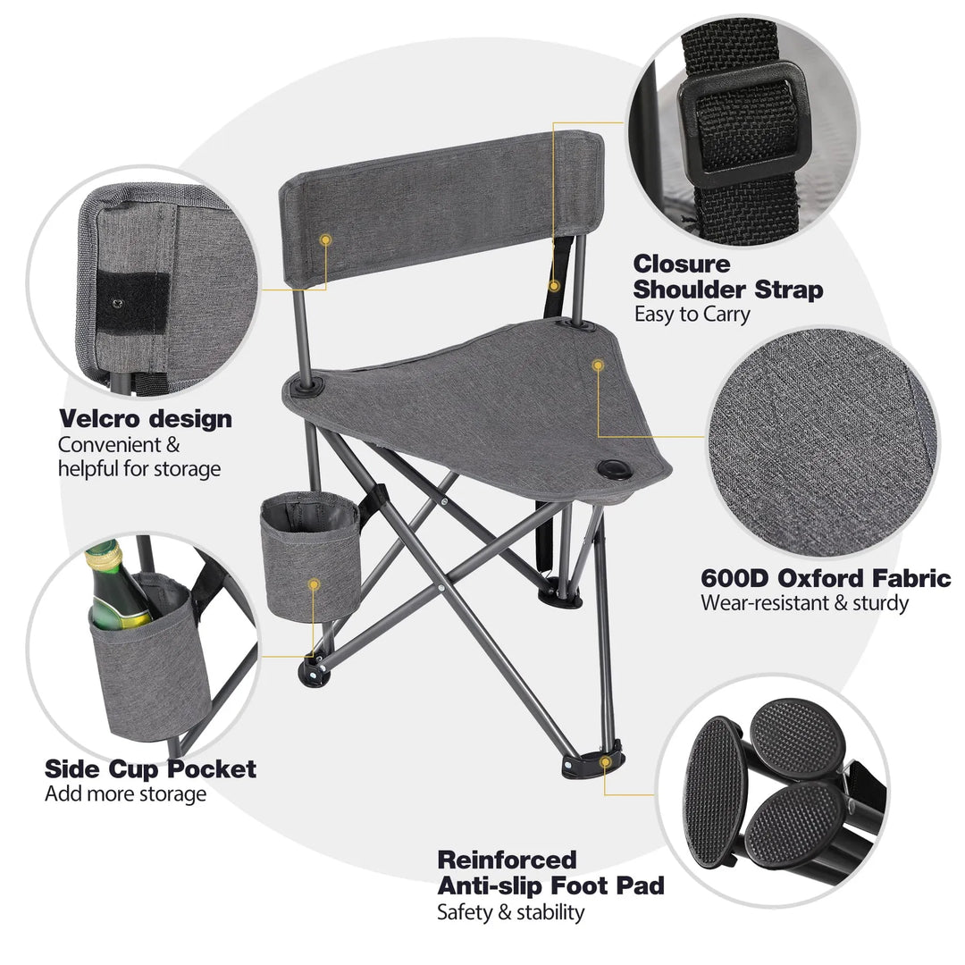 2 Pack Tripod Camping Chairs Folding Lightweight, Portbal 3 Legged Tripod Stool Seat with Cup Holders, Small Fishing Chairs Compact for Adults Golf, Hunting,Dark Grey