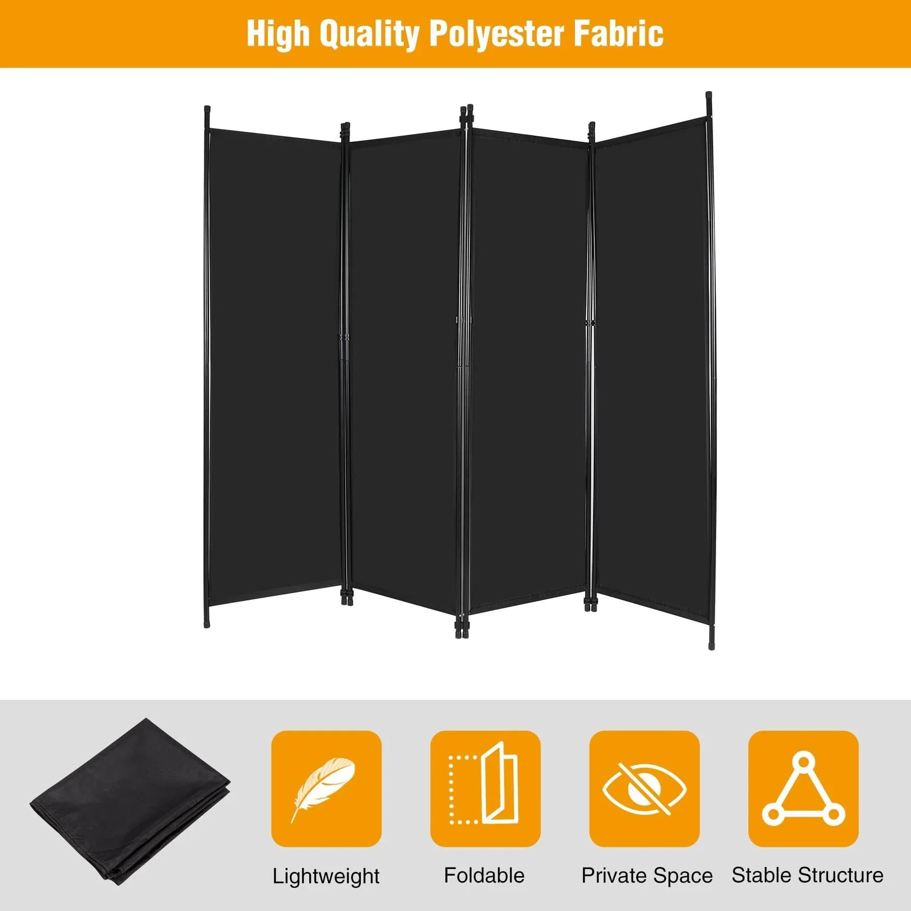 4 Panel Folding Room Divider, 6.7FT Wide Tall Portable Privacy Screen, Indoor Outdoor Room Partition Wall Dividers for Bedroom Dining Room Office Restaurant Hospital, 80"x68", Black