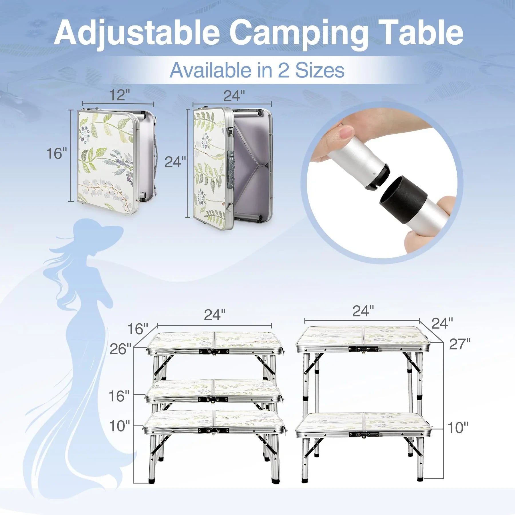 2ft Portable Camping Table，3 Adjustable Height