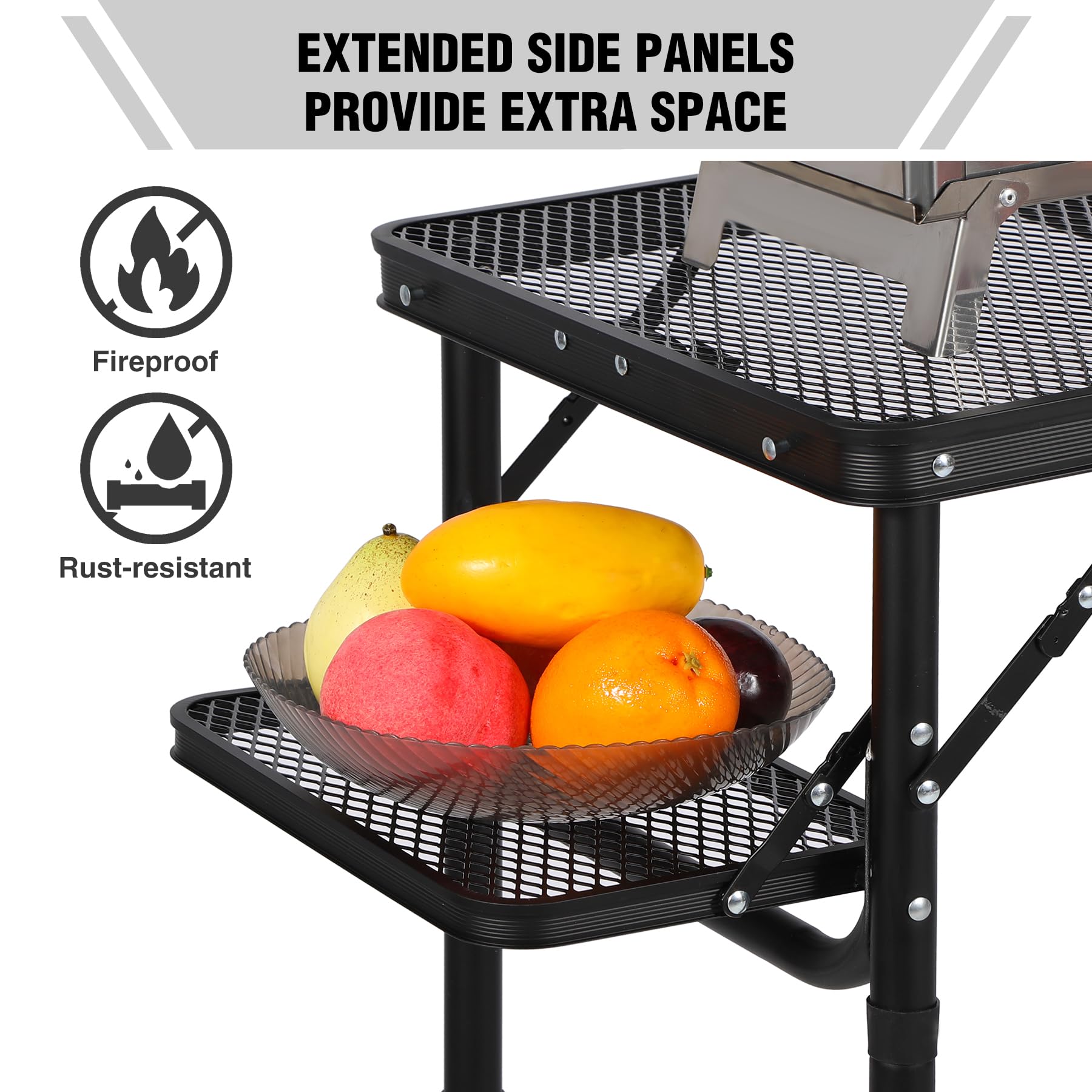 Folding Grill Table with Extra Space, Adjustable Height Portable Small Stand Table for Outdoor Indoor Camping Picnic BBQ, Black with Side Table