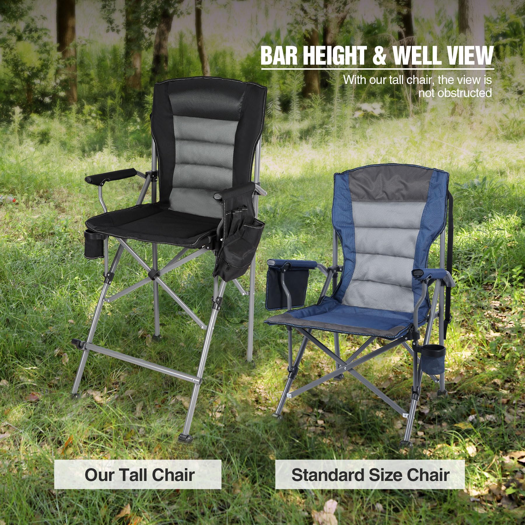 Extra Tall Folding Chair, Bar Height Foldable Director Chairs for Adults with High Back and Hard Arms, Support 330lbs