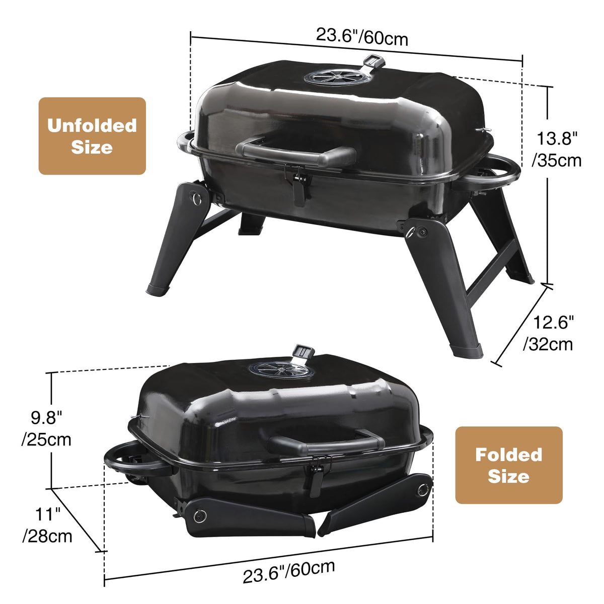 REDCAMP foldable charcoal grill showing unfolded and folded dimensions