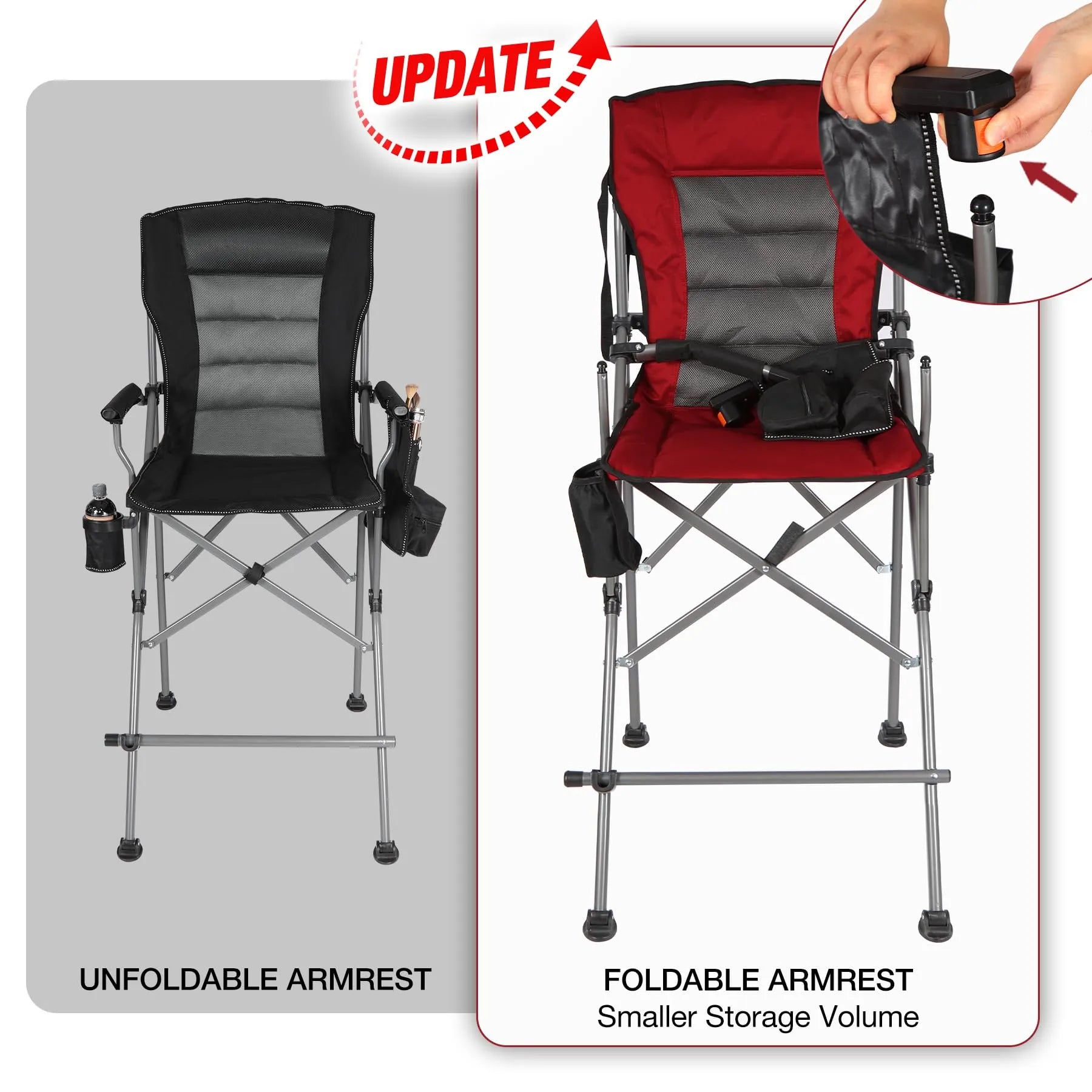 Chaise pliante extra haute, chaises de réalisateur pliables à hauteur de bar pour adultes avec dossier haut et accoudoirs rigides, supportant 330 lb