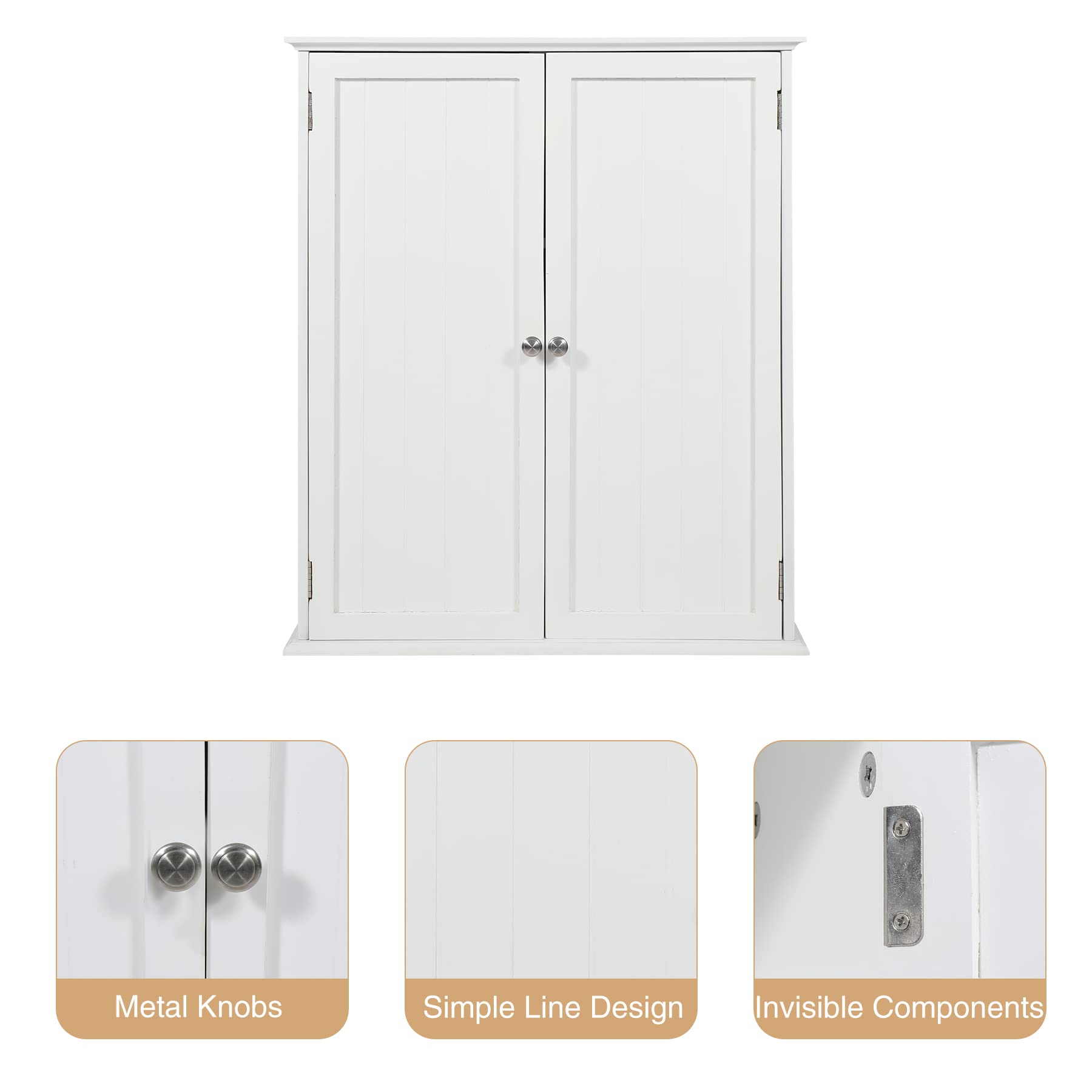 White bathroom wall cabinet with metal knobs, paneled doors, and concealed mounting hardware