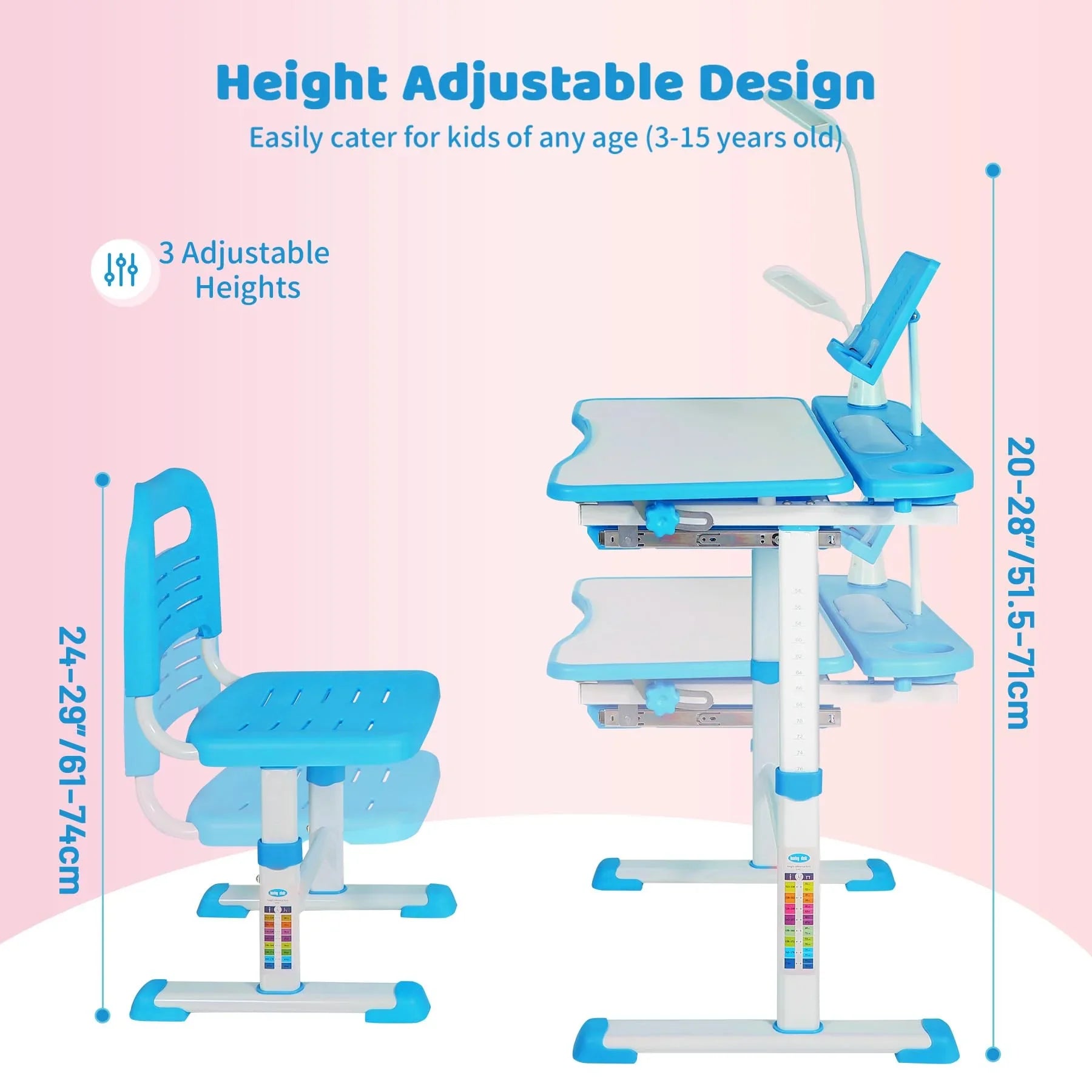 Ensemble bureau et chaise d'étudiant réglables REDCAMP avec plateau inclinable pour dessin