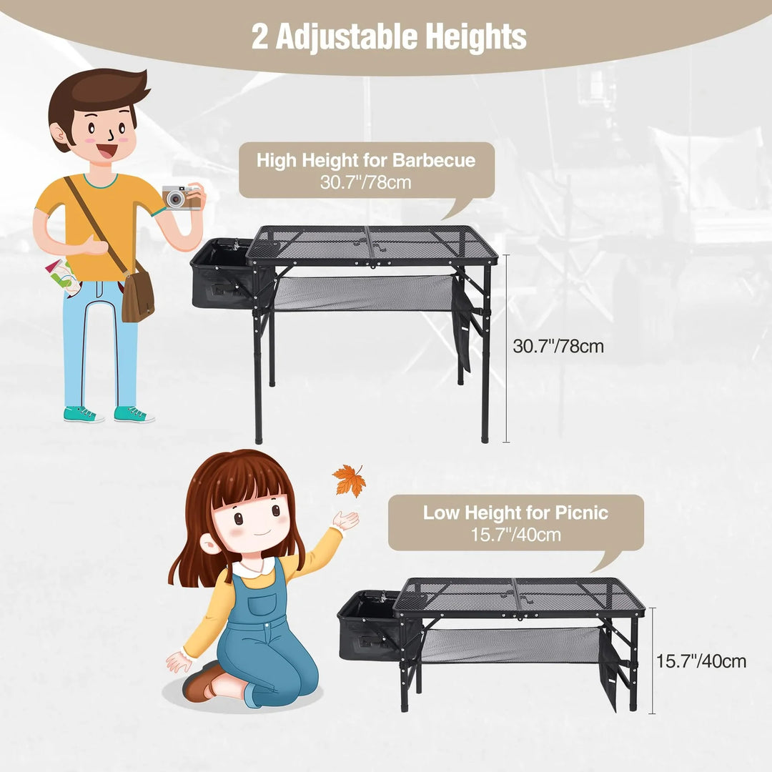 Table de barbecue pliante pour l'extérieur avec pieds réglables en hauteur 