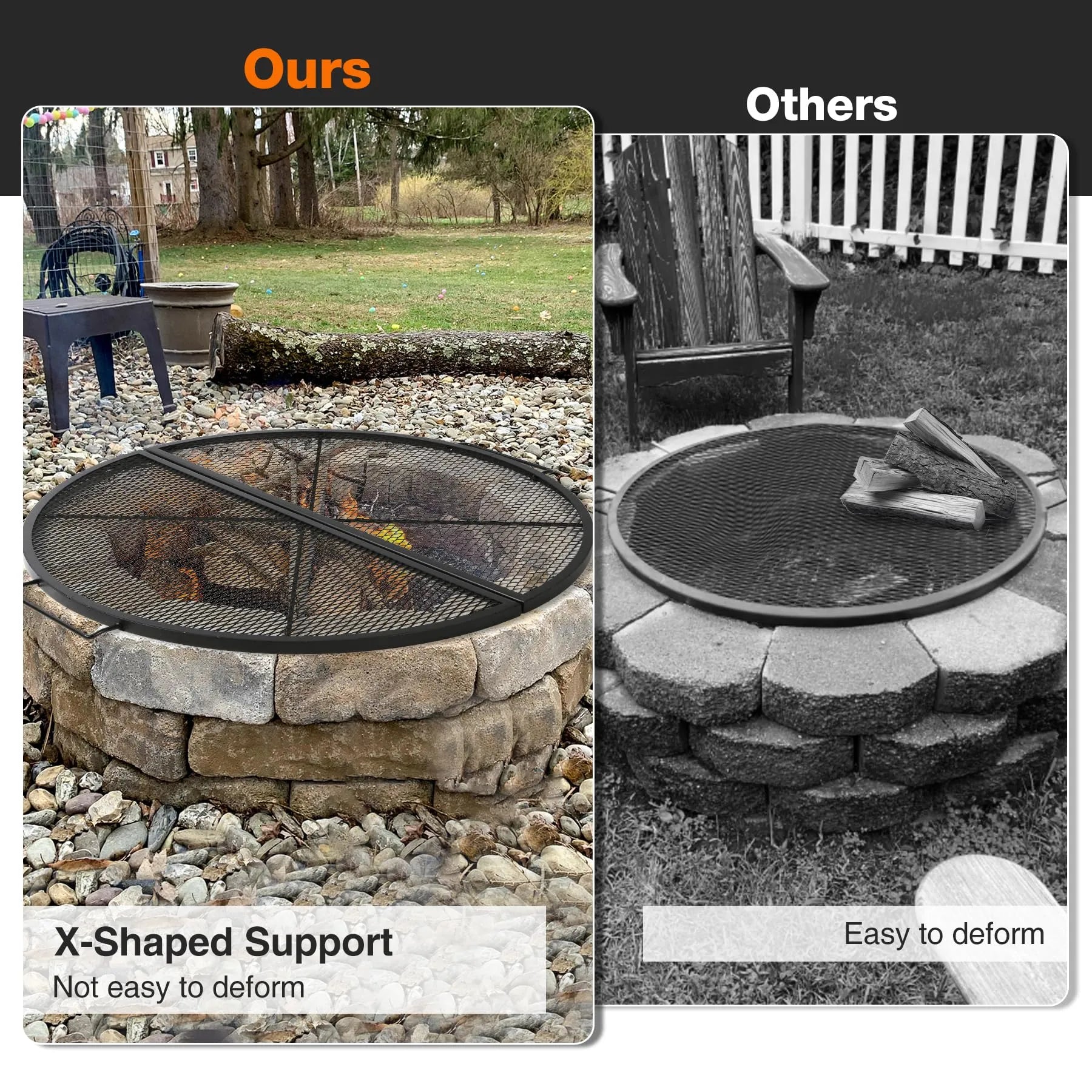 X-Marks Fire Pit Cooking Grill Grates Portable, Heavy Duty Folding Round Campfire Grill Grate, Firepit Grill Grate with Handles for Outdoor BBQ Picnic, Black 24 Inch