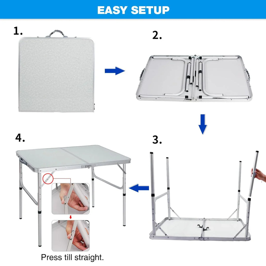 Table de camping pliante en aluminium avec pieds réglables en hauteur, 2/3/4 pieds 