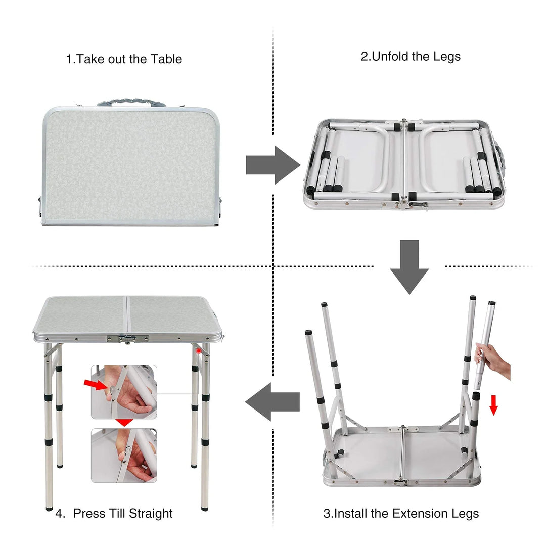Table de camping pliante en aluminium avec pieds réglables en hauteur, 2/3/4 pieds 