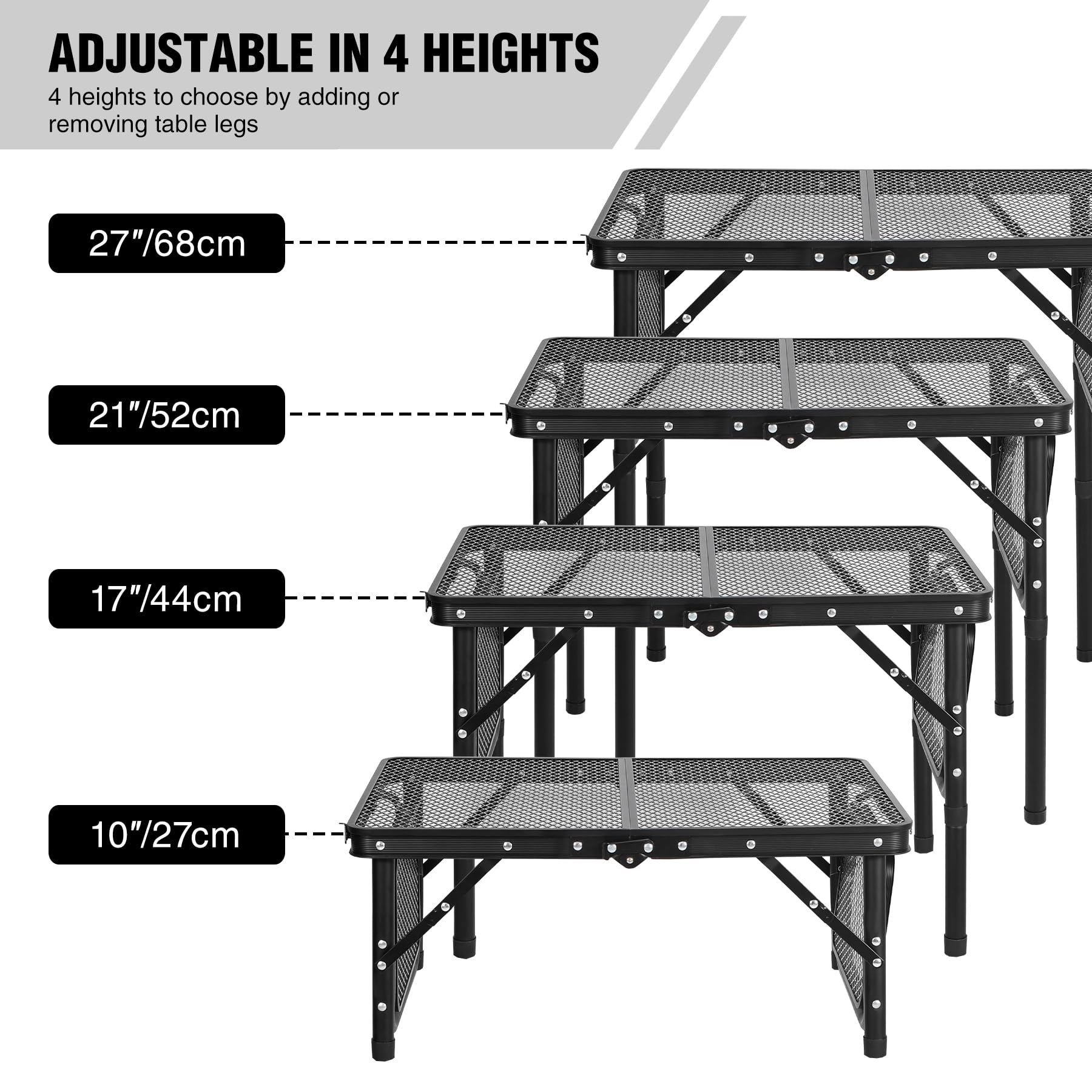 Folding Grill Table with Extra Space, Adjustable Height Portable Small Stand Table for Outdoor Indoor Camping Picnic BBQ, Black with Side Table