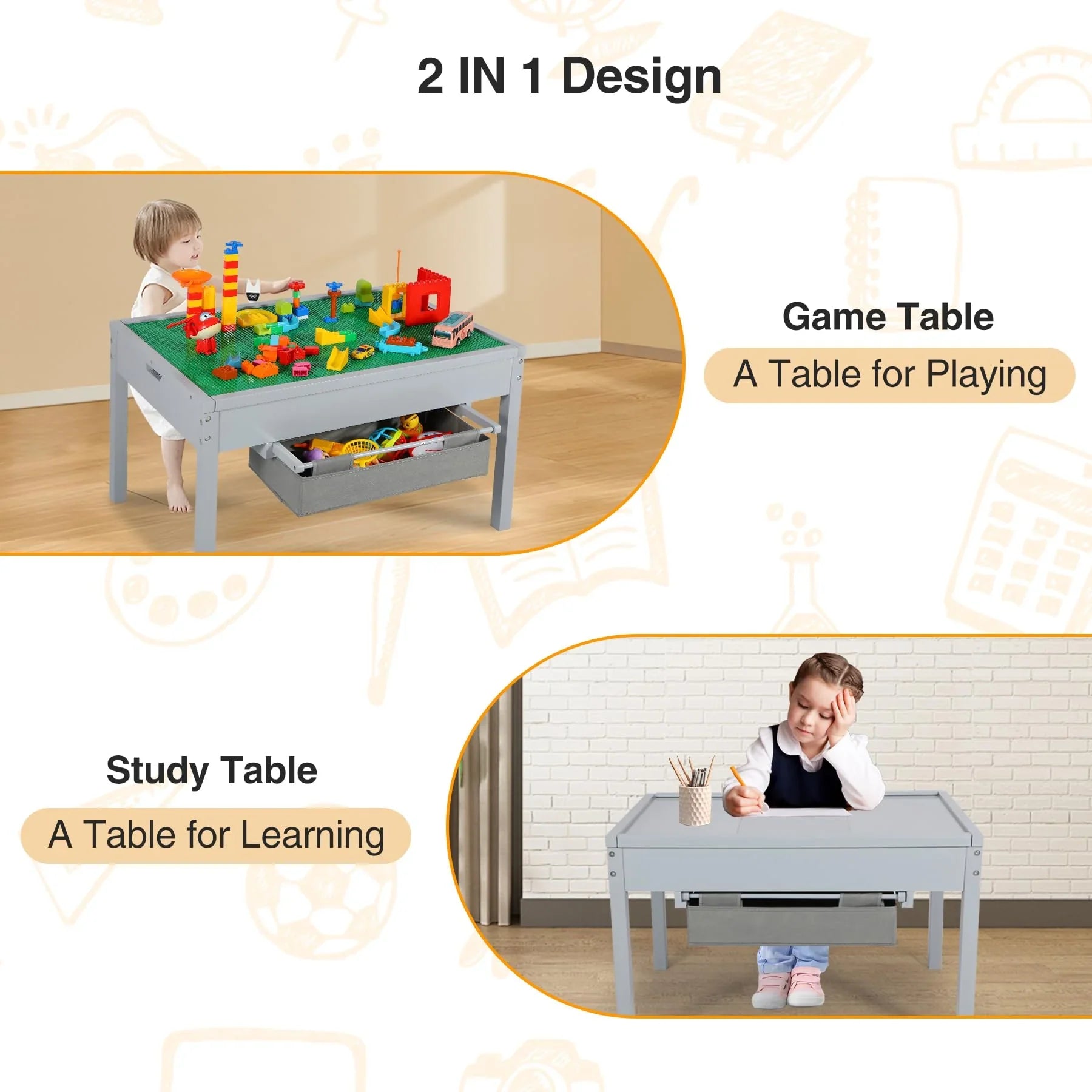 Table d'activités 2 en 1 pour enfants avec tiroirs de rangement