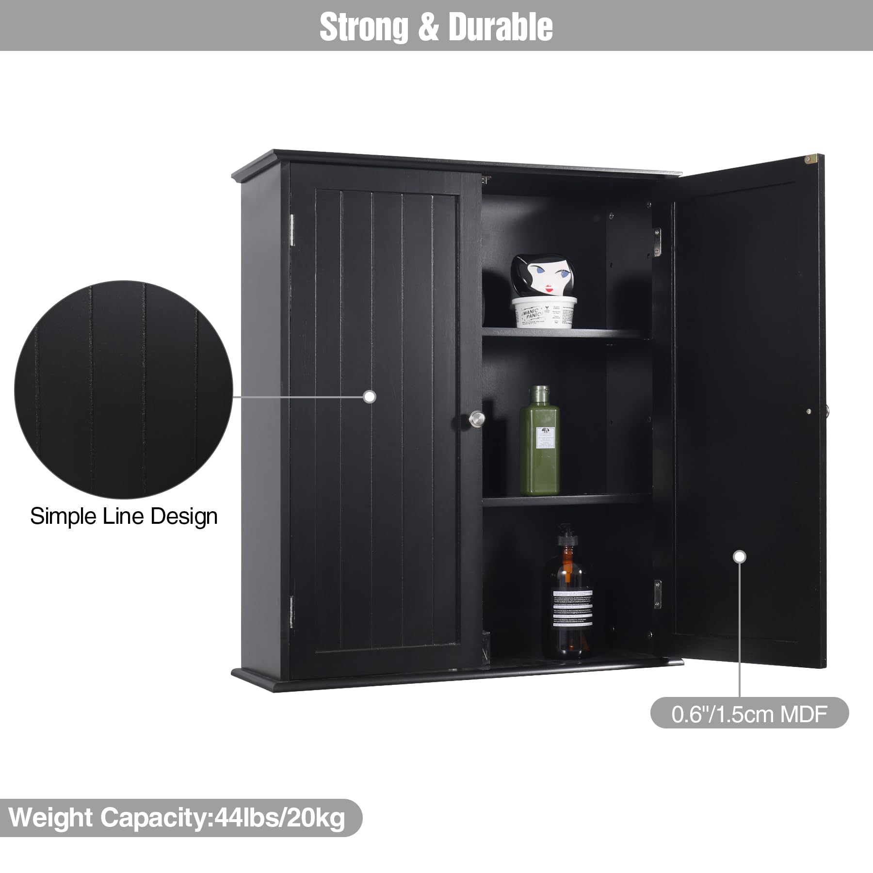 Black REDCAMP wall-mounted cabinet with 1.5 cm MDF construction and 44 lb weight capacity