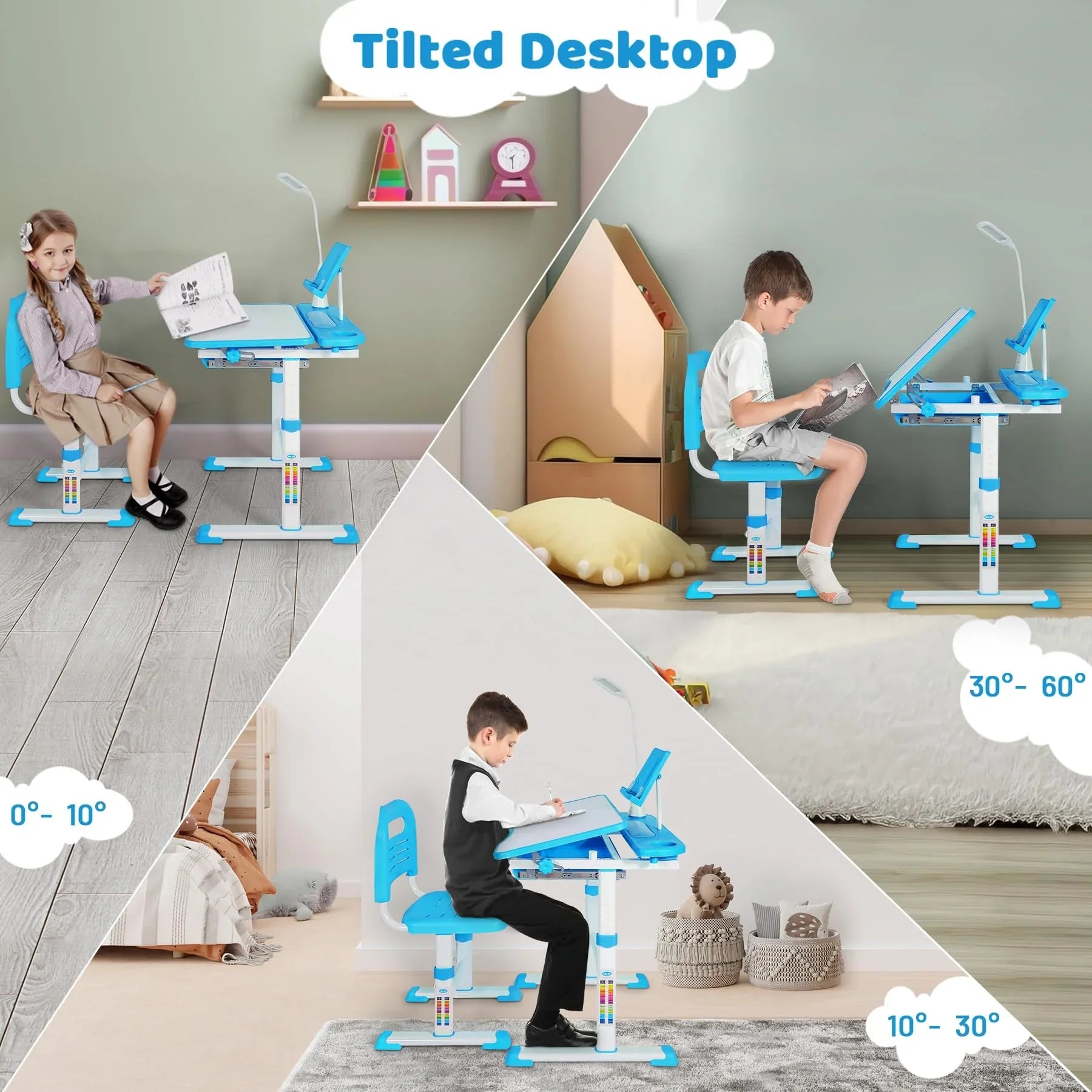 Ensemble bureau et chaise d'étudiant réglables REDCAMP avec plateau inclinable pour dessin