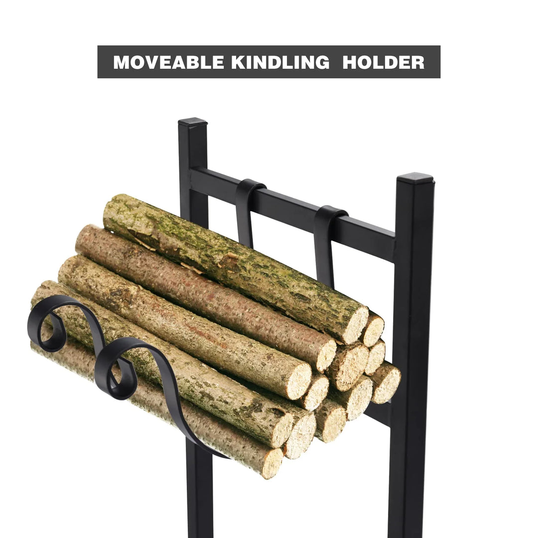 4FT Heavy Duty Firewood Rack Outdoor Indoor, Steel Log Holder Wood Storage Stand with Kindling Hooks for Fireplace Fire Pit Porch Backyard Black