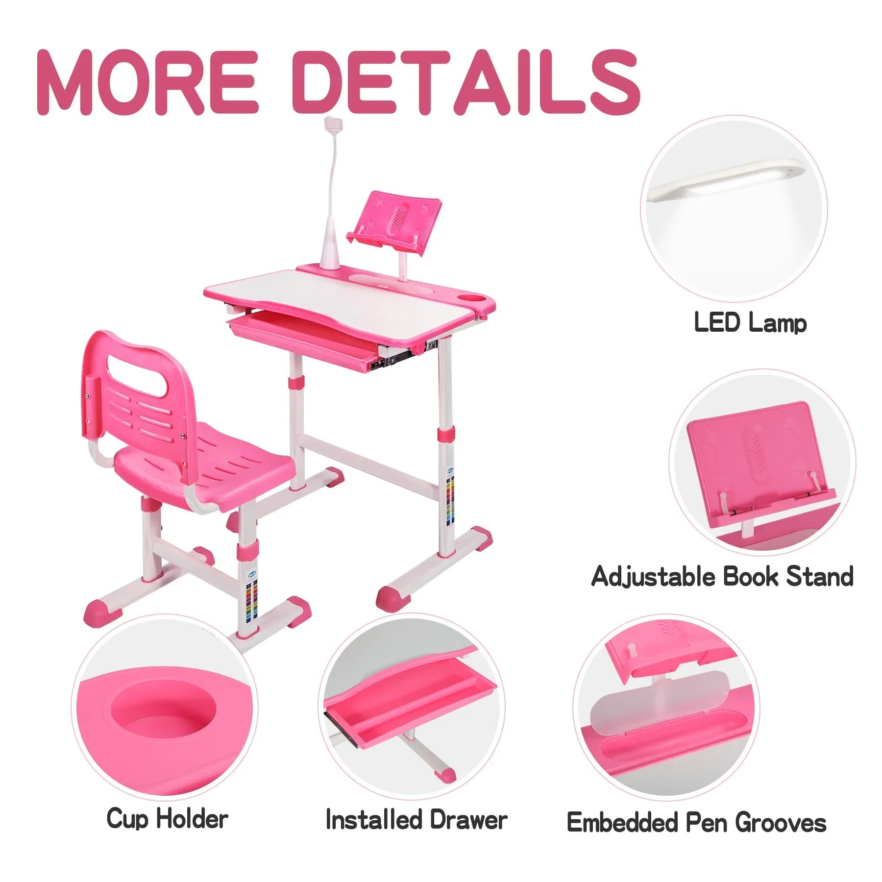 Ensemble bureau et chaise d'étudiant réglables REDCAMP avec plateau inclinable pour dessin