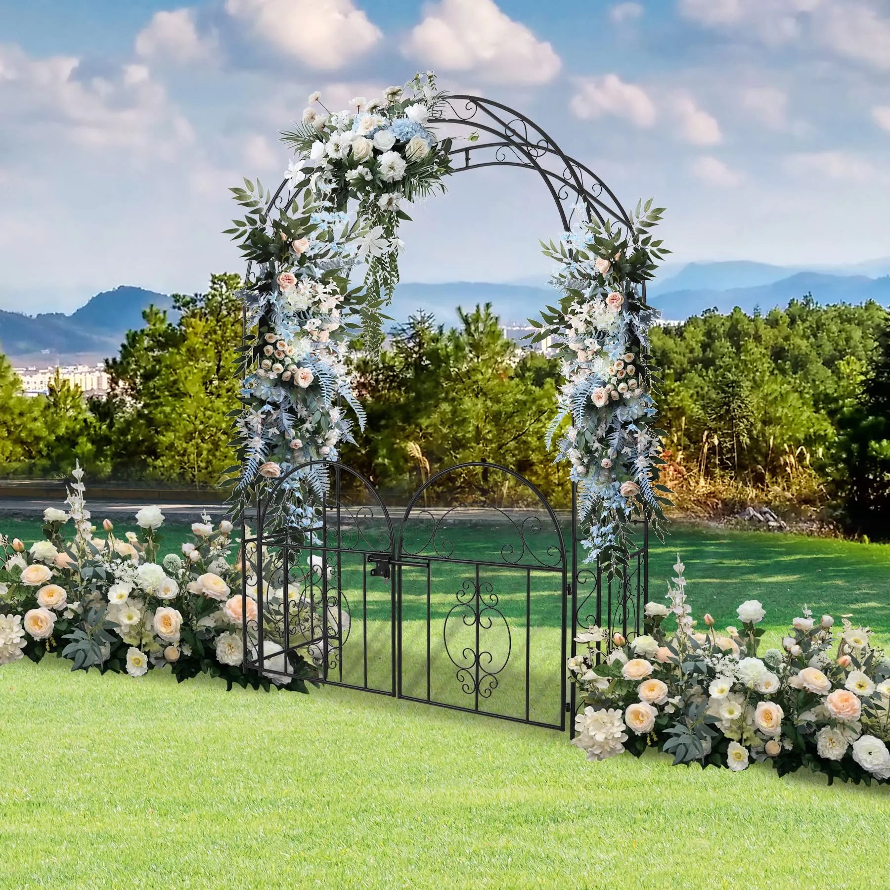 Metal Garden Arch Arbor with Double Gate