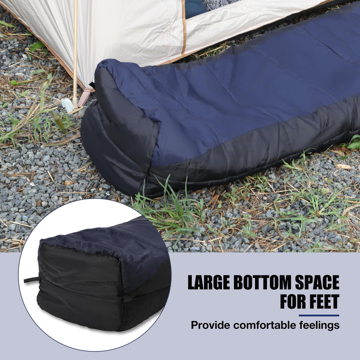 Navy mummy sleeping bag with a widened footbox beside a camping tent